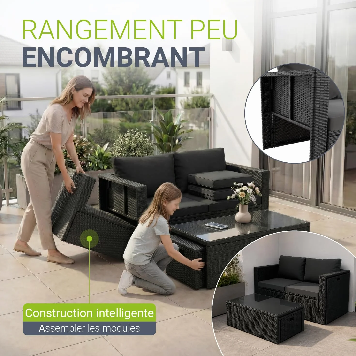 Juskys Salon de Jardin Salou polyrotin pour 6 Personnes Noir résistant aux intempéries