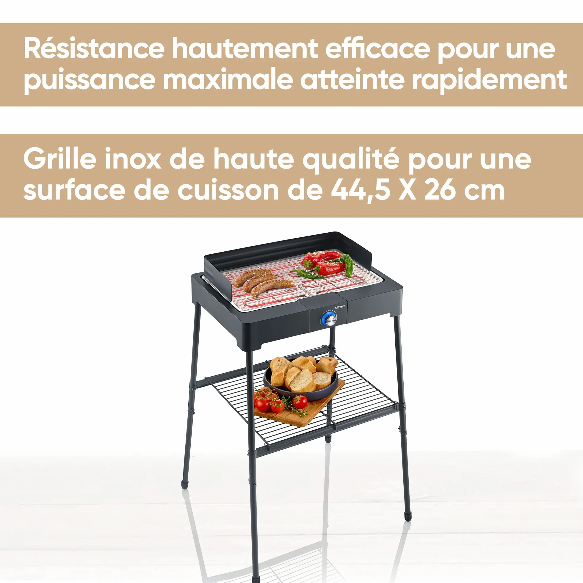 SEVERIN Barbecue électrique 2200 W Grille inox sur pieds avec pare-vent amovible eBBQ bac à eau Noir