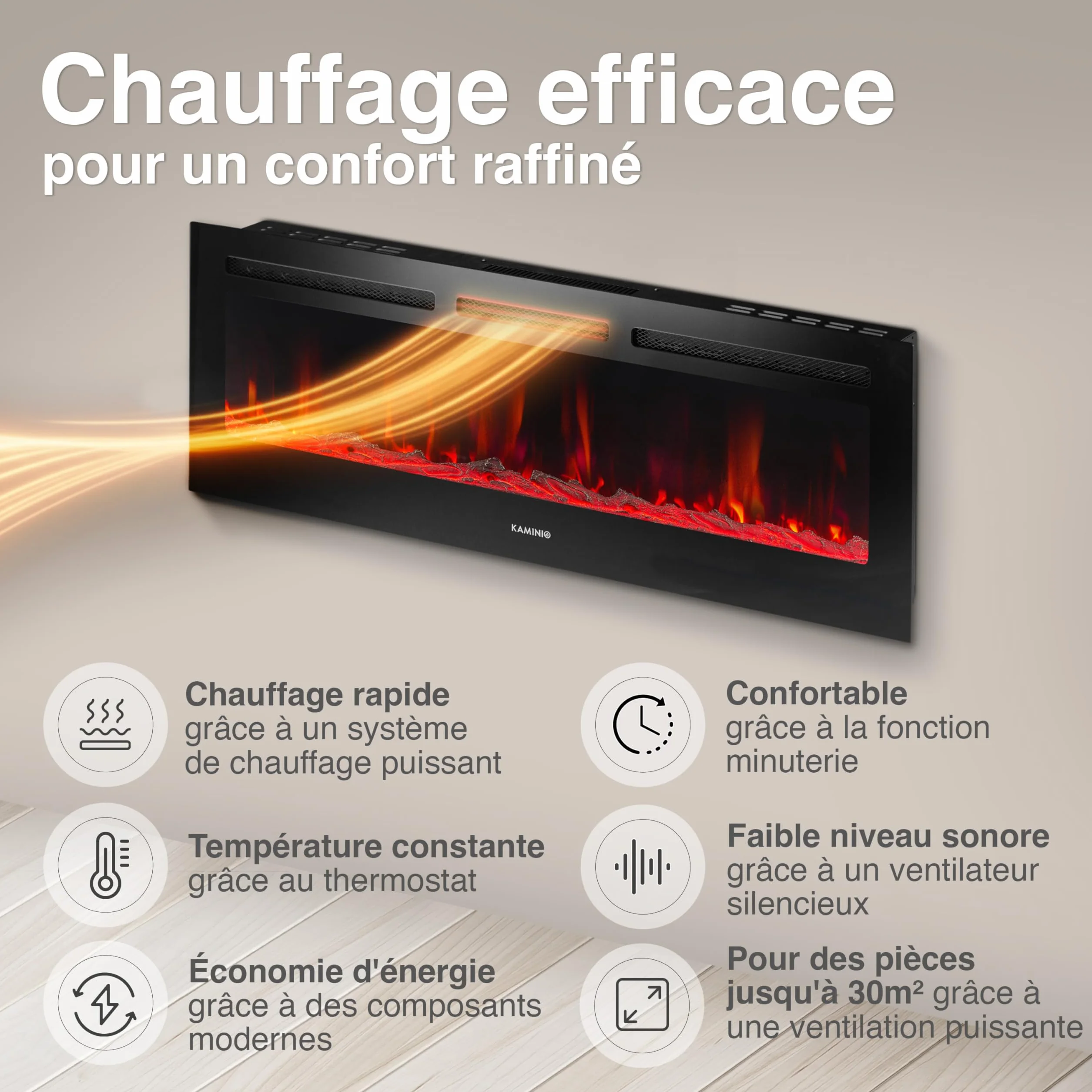 KAMINIO Cheminée Electrique Marlon - Cheminée Électrique 3-en-1 avec Chauffage, Effet de Flamme 3D, 12 Couleurs de Flammes, télécommande (60 Pouces)