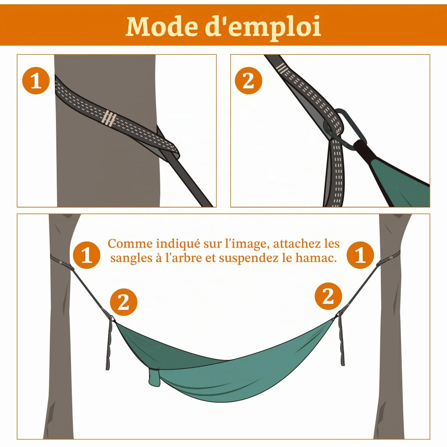 Sangle Hamac Arbre 2 m x 2.5 cm Fixation Hamac avec 2 Mousquetons Sac de Transport 300kg Extérieur Randonnée Camping