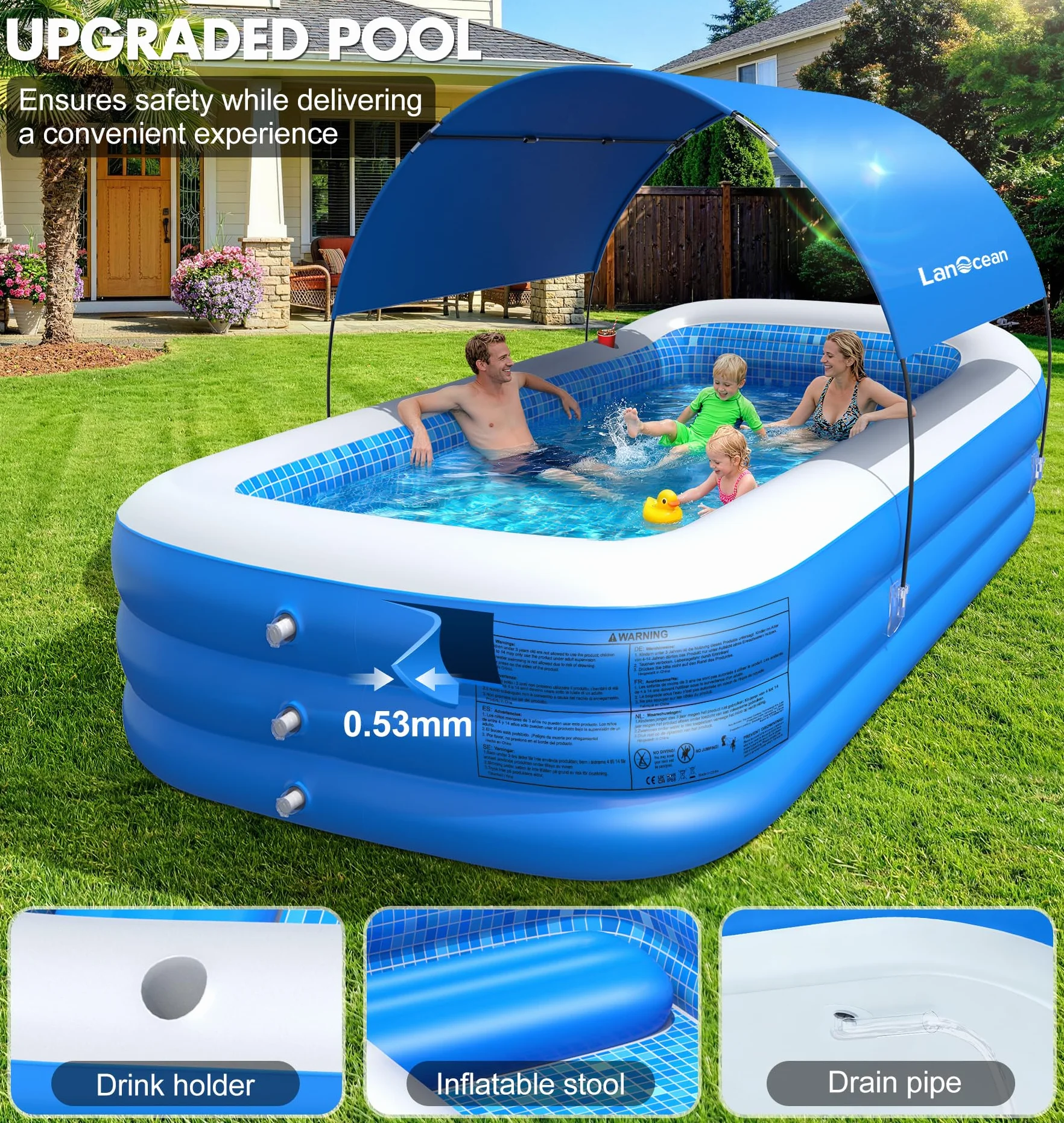 LanOcean Piscine Gonflable Adulte 280x160x50cm 0,53mm Épaisseur avec Parasol Siège Porte-gobelet