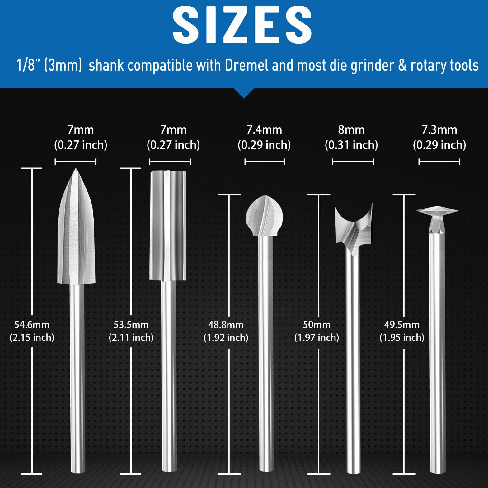 Outils électriques de sculpture sur bois pour outils rotatifs, 5 têtes de sculpture différentes, outils de gravure, tige de 3 mm pour la sculpture sur bois DIY, le perçage et la micro-sculpture