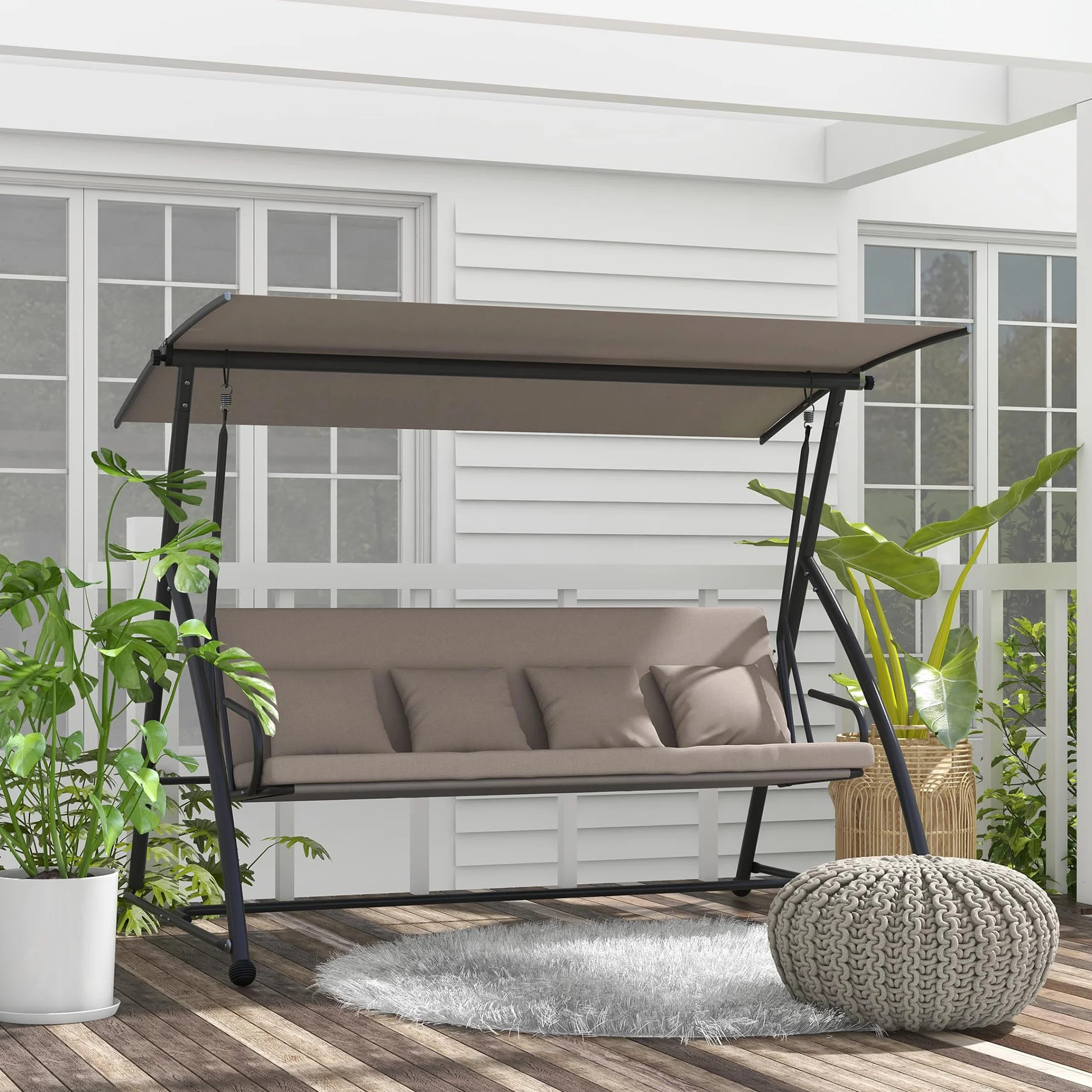 Outsunny Balancelle de Jardin 3 Places Convertible Toit Inclinaison Réglable 218x120x168 cm Marron Clair