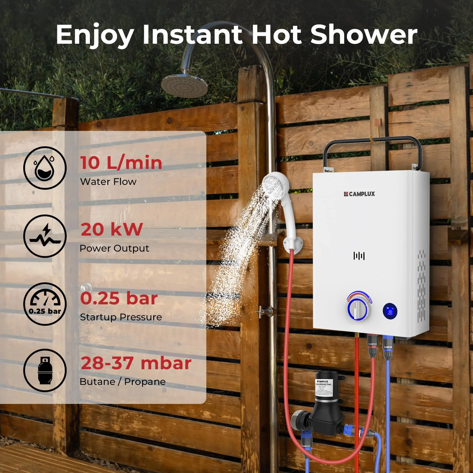 CAMPLUX F10 Pro Chauffe-Eau à Gaz 10L Portable Pompe à Eau Butane/Propane 28-37mbar Douche Extérieure Camping Caravaning