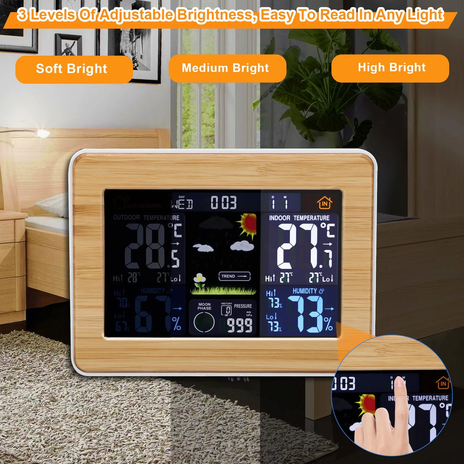 Station météo sans fil numérique avec capteur extérieur, thermomètre intérieur/extérieur, horloge, alarme, phases de lune