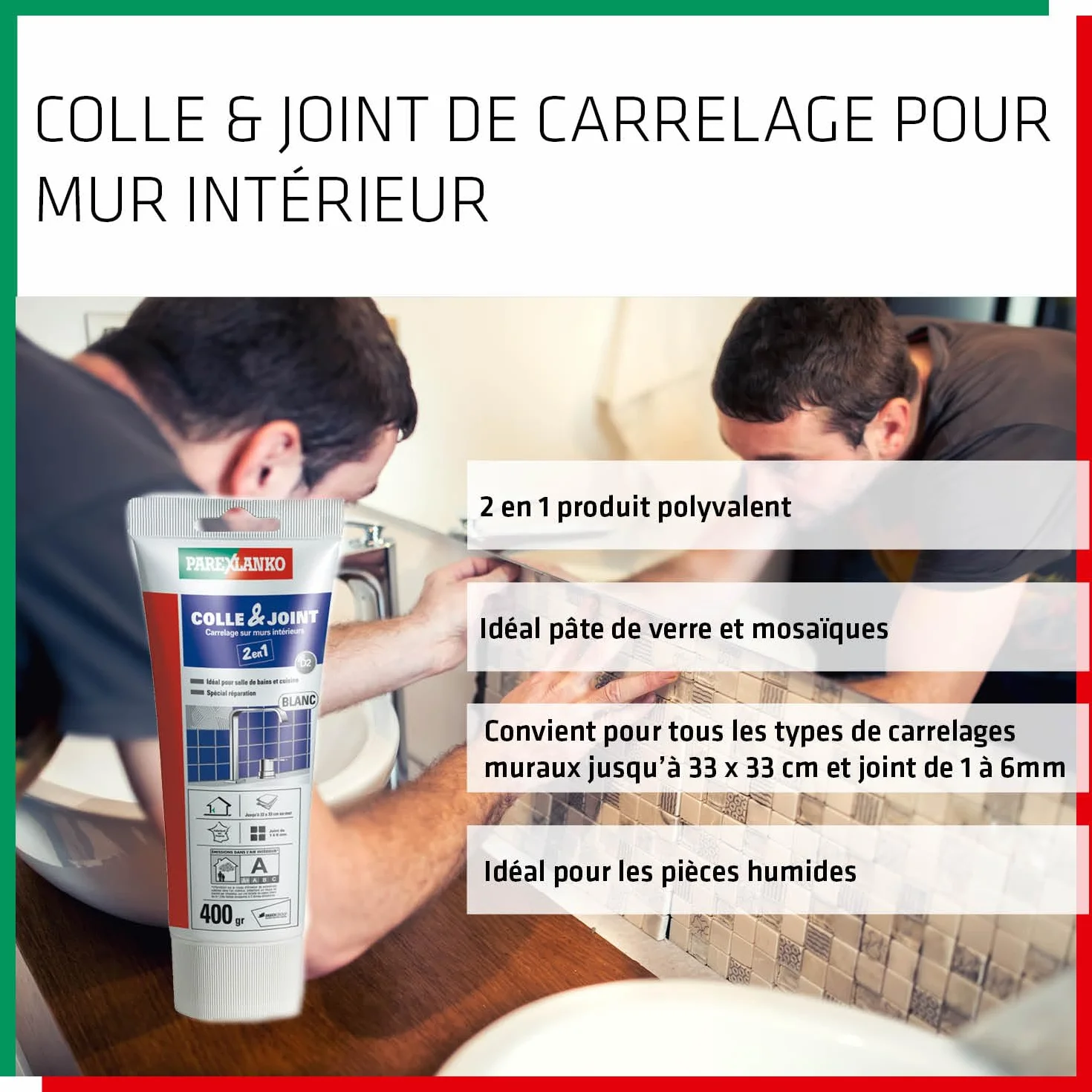 Parexlanko - Colle carrelage et joint en pâte - Colle & Joint 2 en 1 - Blanc - Pour mur intérieur - Spécial pièces humides - Prête à l’emploi - 400g