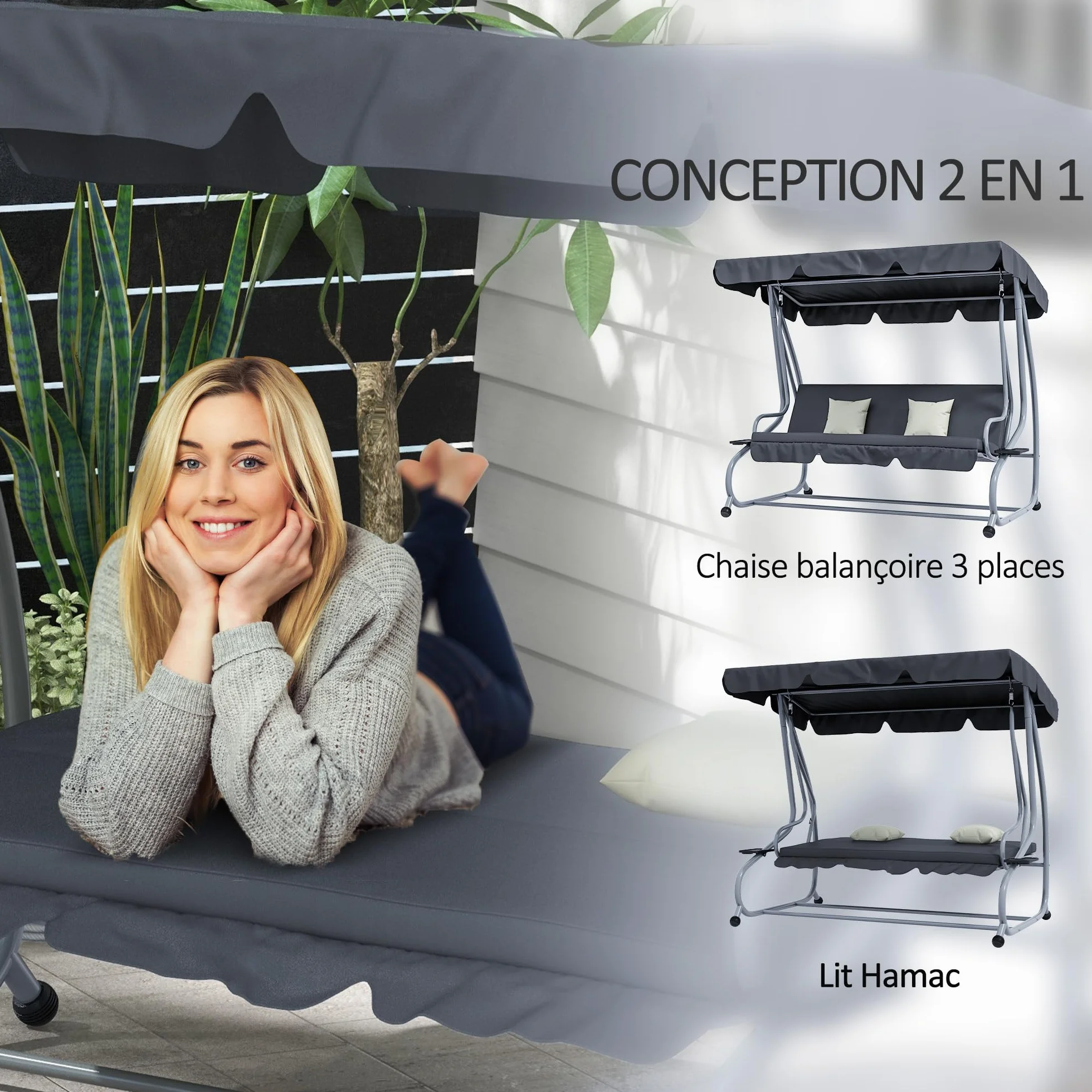 Outsunny Balancelle de Jardin 3 Places Convertible Toit Inclinaison réglable métal Noir Gris
