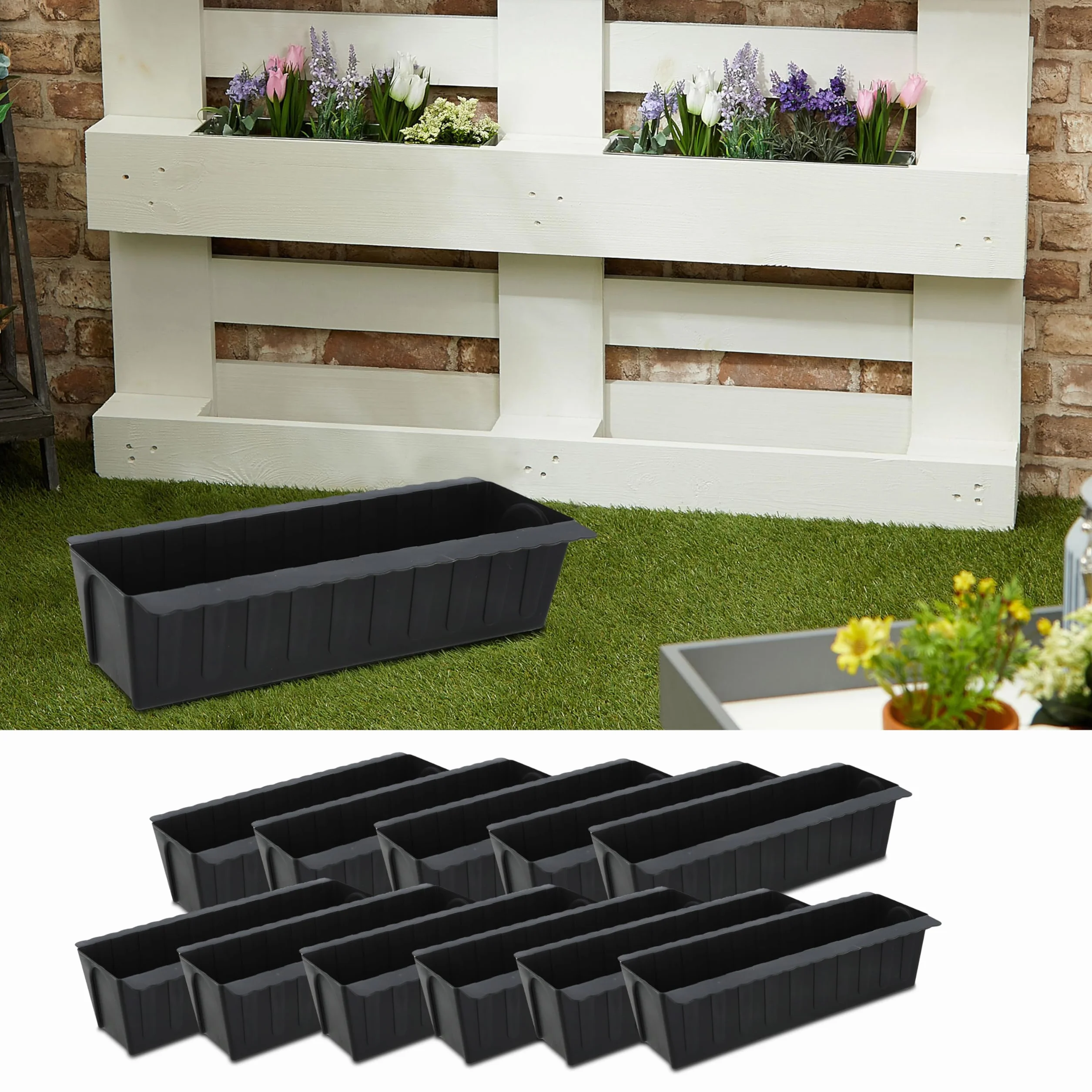 Lot de 12 jardinières ondulées en plastique 37 x 9,5 x 13,5 cm pour plantations palettes européennes