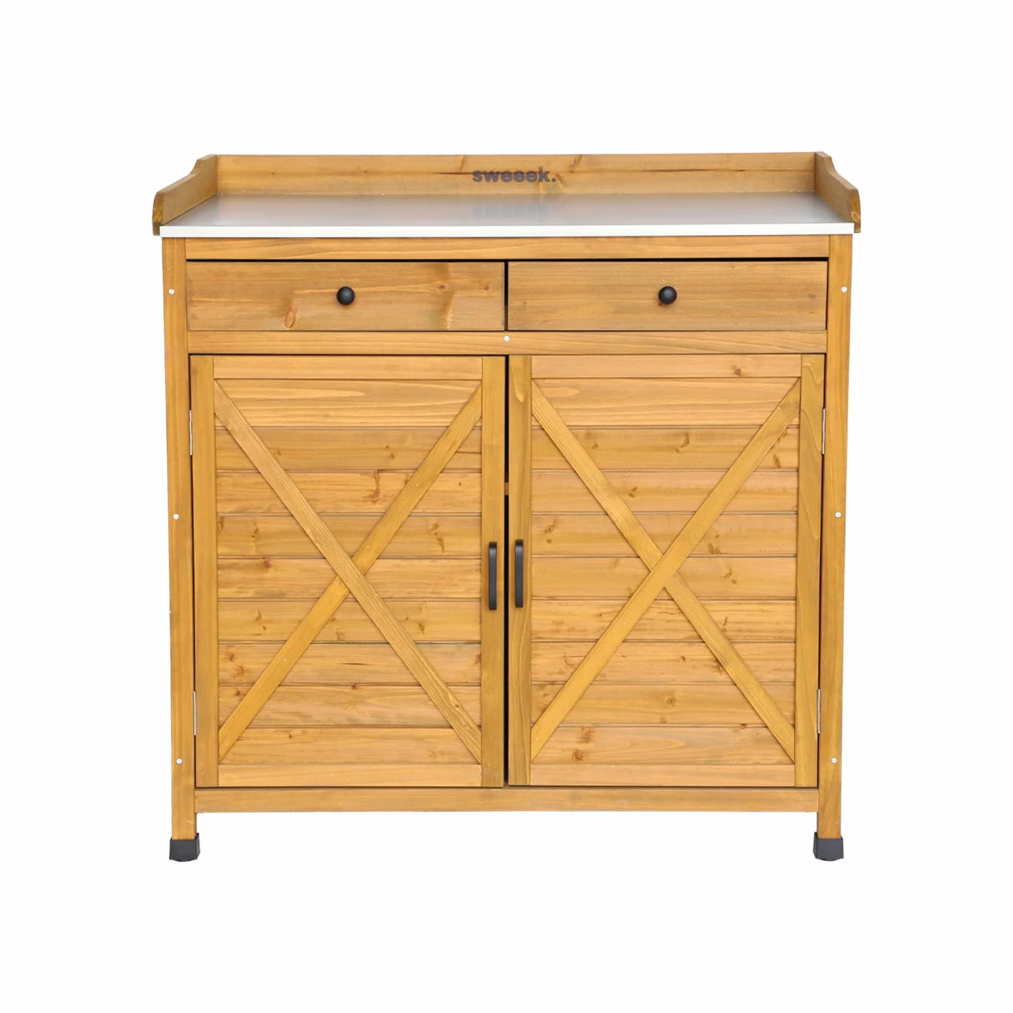 Sweeek Meuble de Rangement Table de Repiquage Bois 2 Portes 2 Tiroirs 102 x 52.8 x 103.5 cm
