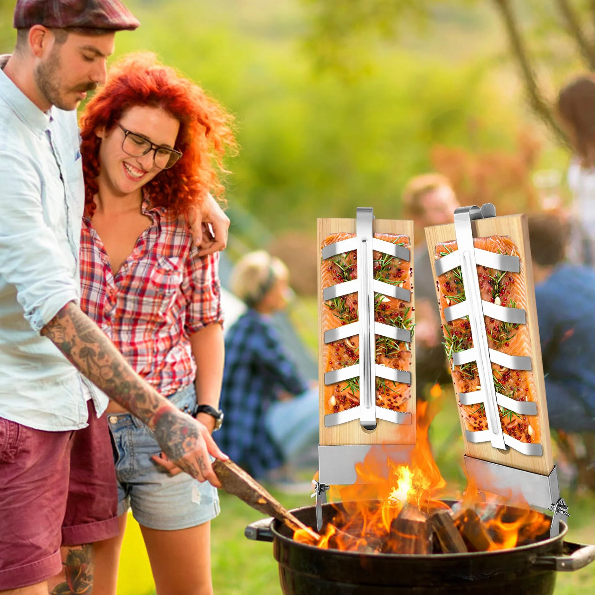 Lot de 2 planches à saumon flammé en acier inoxydable 5 niveaux réglables pour barbecue