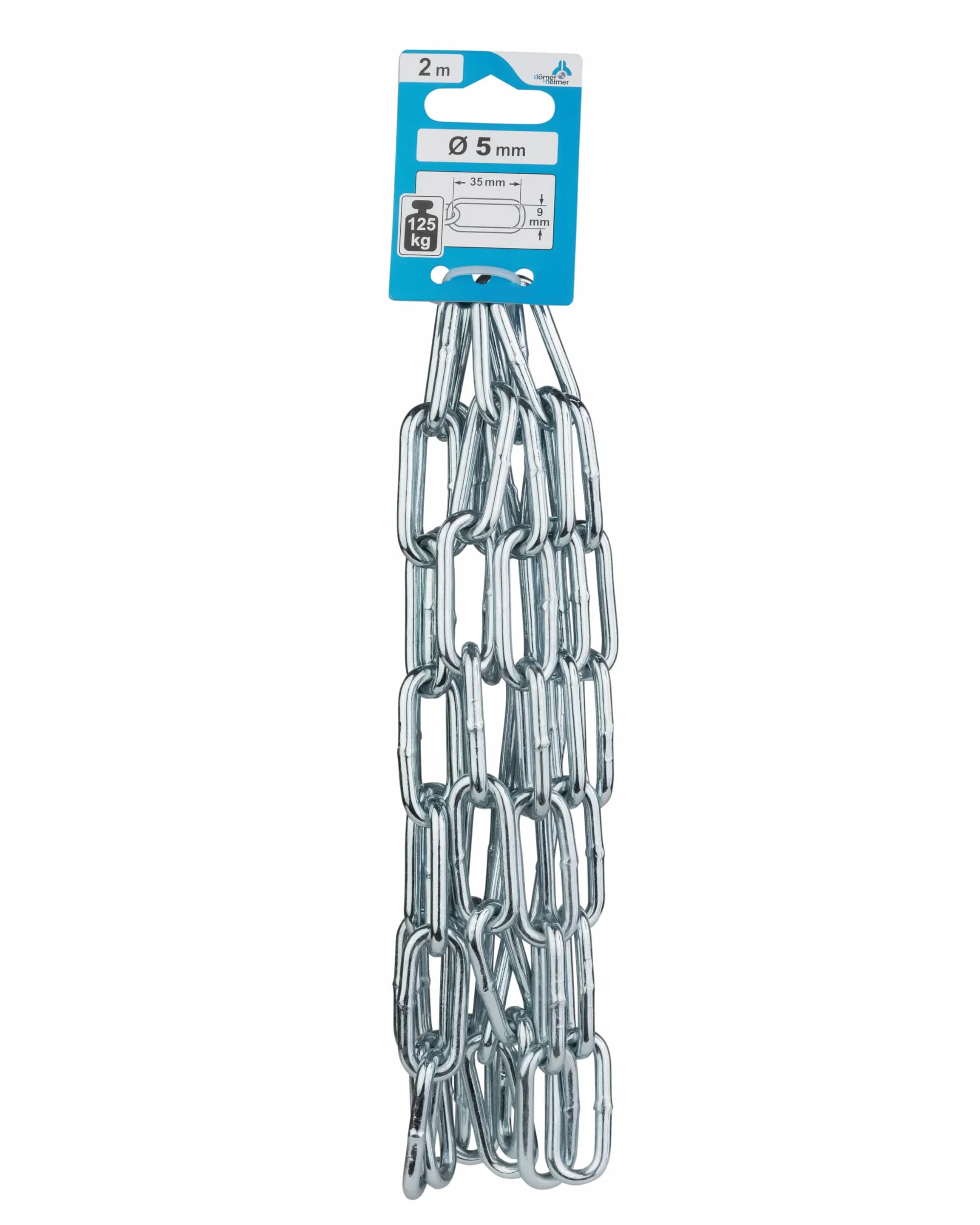 Dörner + Helmer Chaîne en acier rond, épaisseur 5 mm, longueur 2 m, acier galvanisé, maillons longs, capacité de charge 125 kg, argent