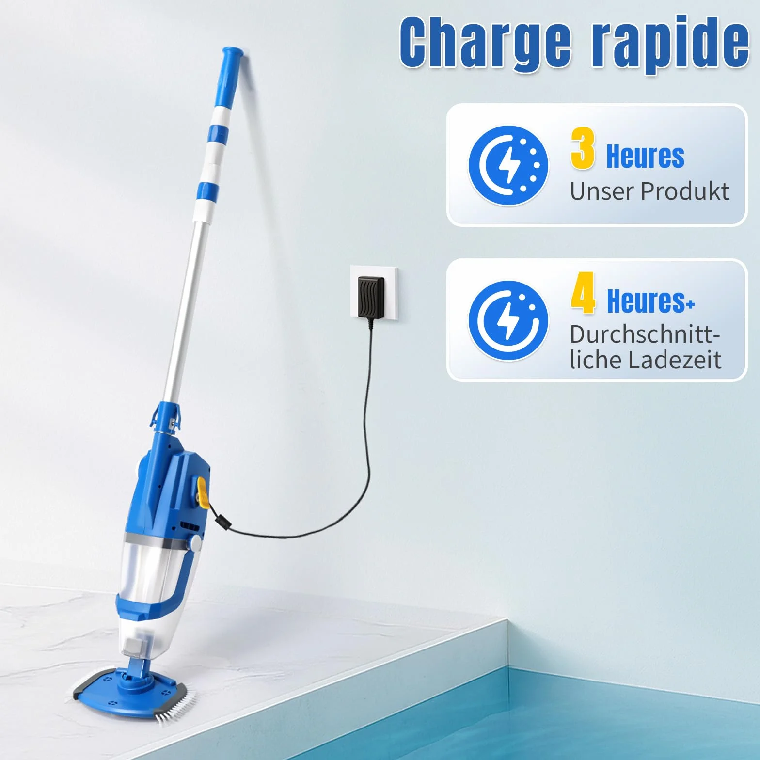 LEADZM Aspirateur Piscine Batterie sans Fil 4500mAh 100L/Min Puissance d'Aspiration Autonomie 60 Min 190×23,7×17cm Bleu
