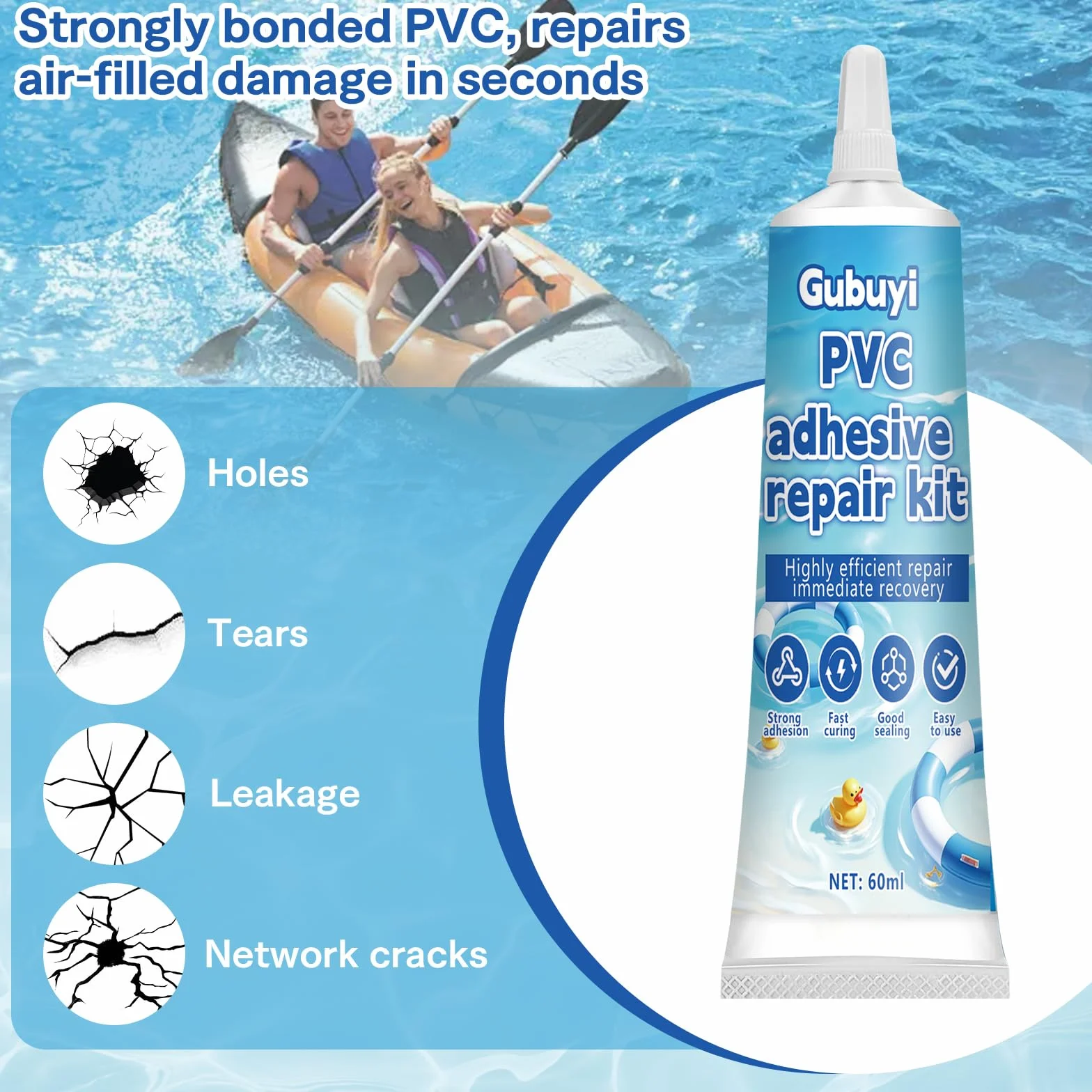 Kit Réparation Piscine 60ml, Rustine Transparente Imperméable, Colle PVC pour Matelas Gonflable et Liner