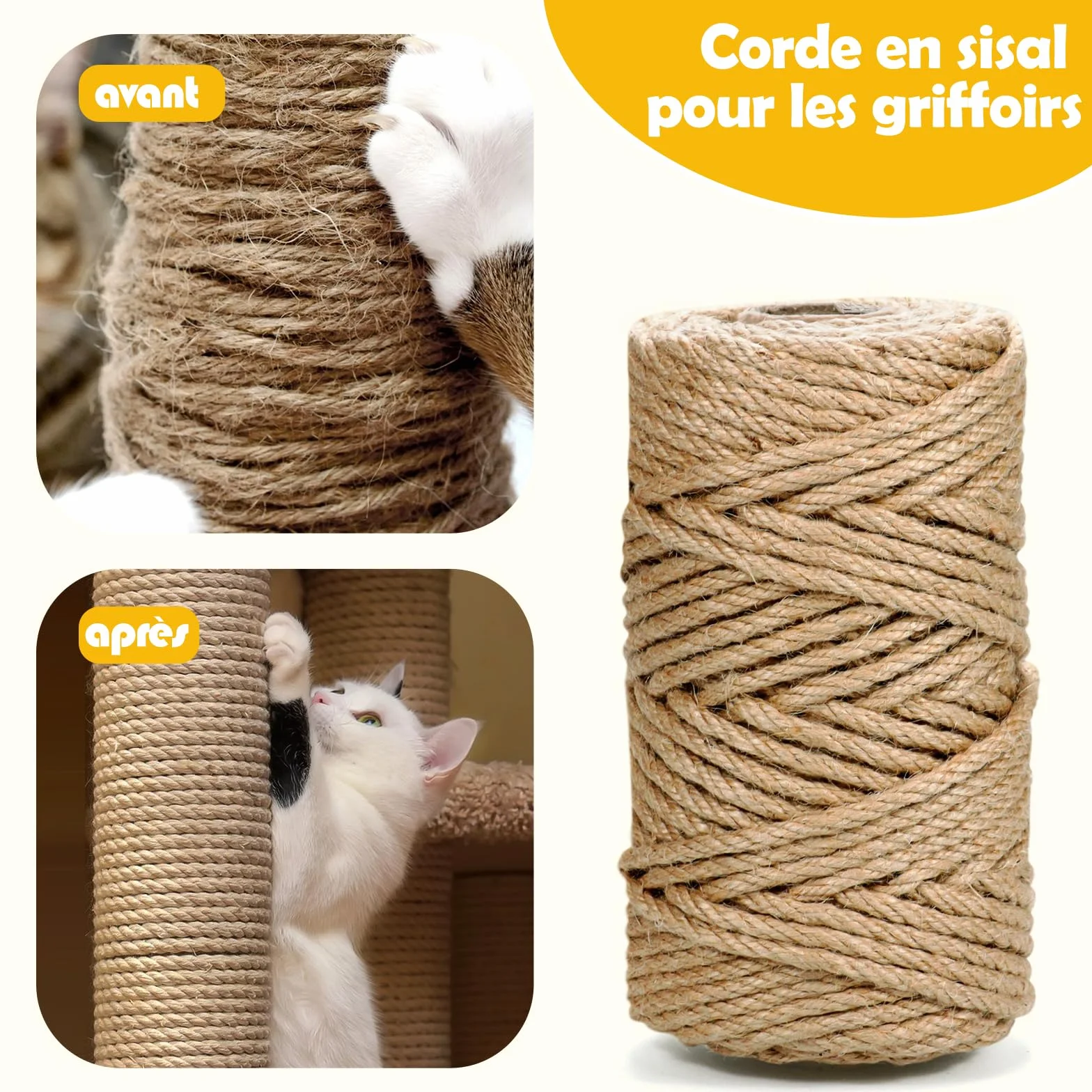 Corde en sisal pour Arbre à Chat, 6 mm x 60 m, Corde en sisal Naturel, Corde à griffer, Renouvellement Griffes Chat - DIY Bricolage