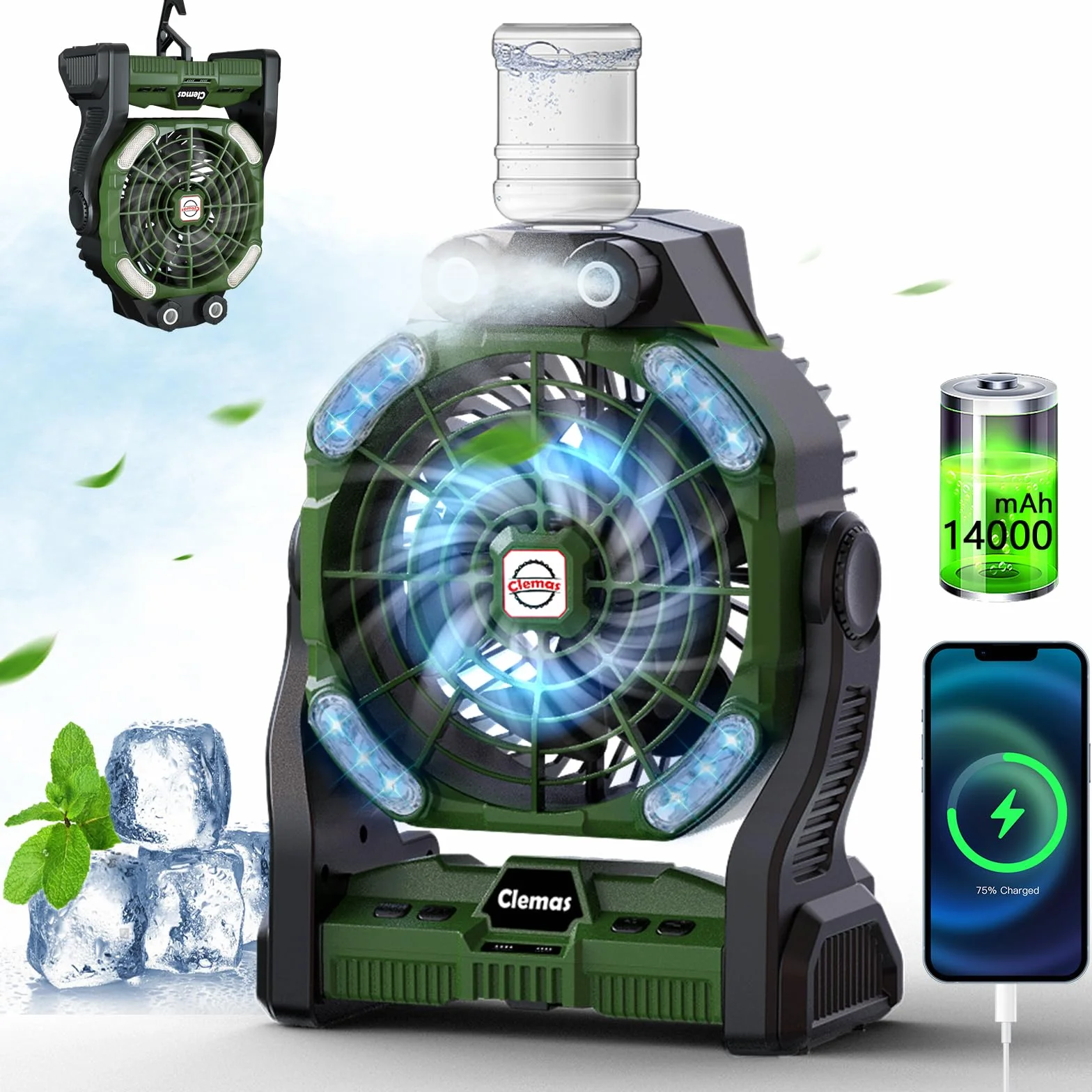 Ventilateur de Camping Rechargeable Portable 14000mAh/26000mAh avec Brumisateur RGB LED Minuteur