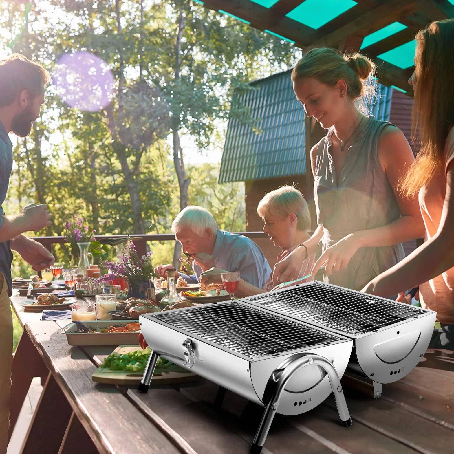 Barbecue Portable 2 en 1 Inox BBQ Grill Mini Charbon pour Jardin Balcon Voyage Camping Argent