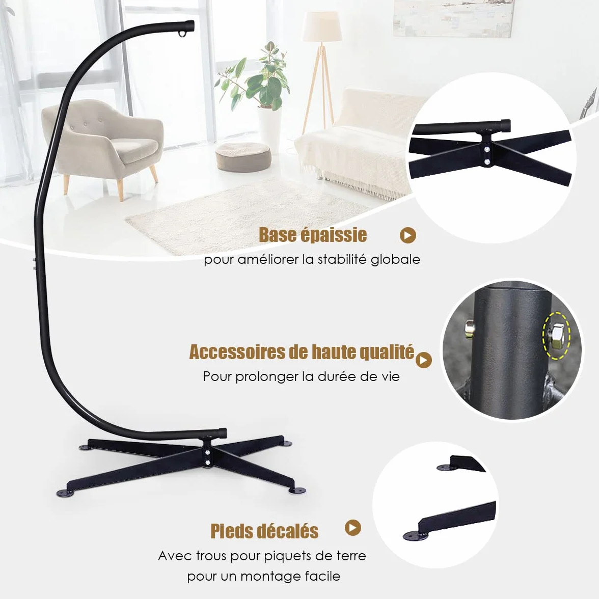 DREAMADE Support de Chaise Hamac Forme C en Acier 150 KG Noir 113 x 77 x 214 CM