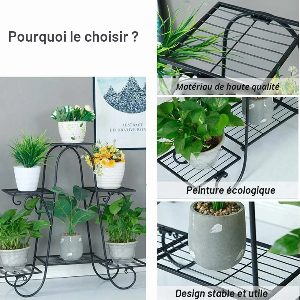 CarolynDesign Support de pot de fleurs à 6 étages en métal noir pour intérieur et extérieur