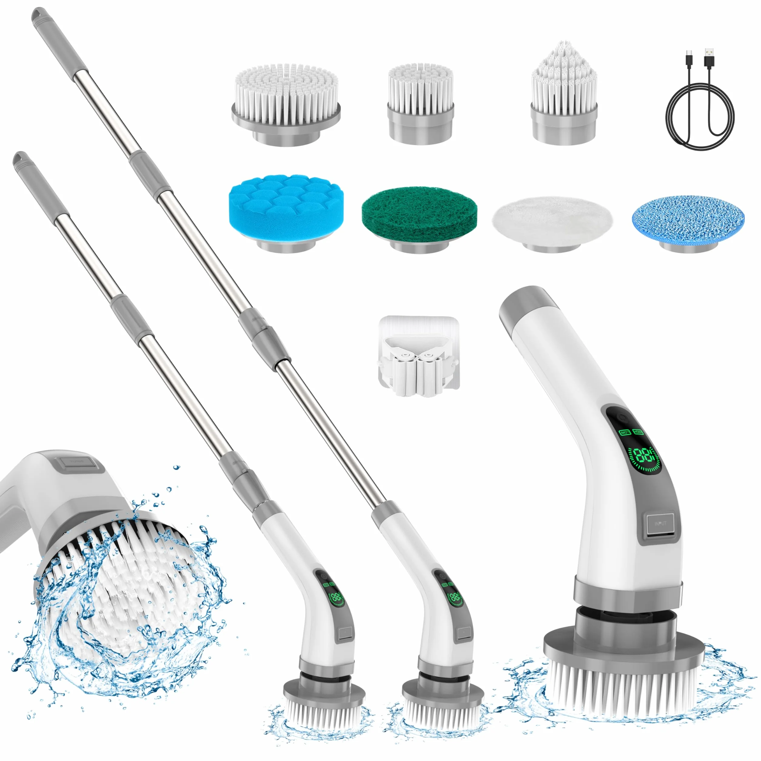 Brosse de Nettoyage électrique rotative, Mise à Niveau 2025 7 en 1, Nettoyage Puissant à 360 TR/Min, Brosse de Salle de Bain à Double Vitesse de 1,5 h avec Bras d'extension pour Cuisine, Voiture