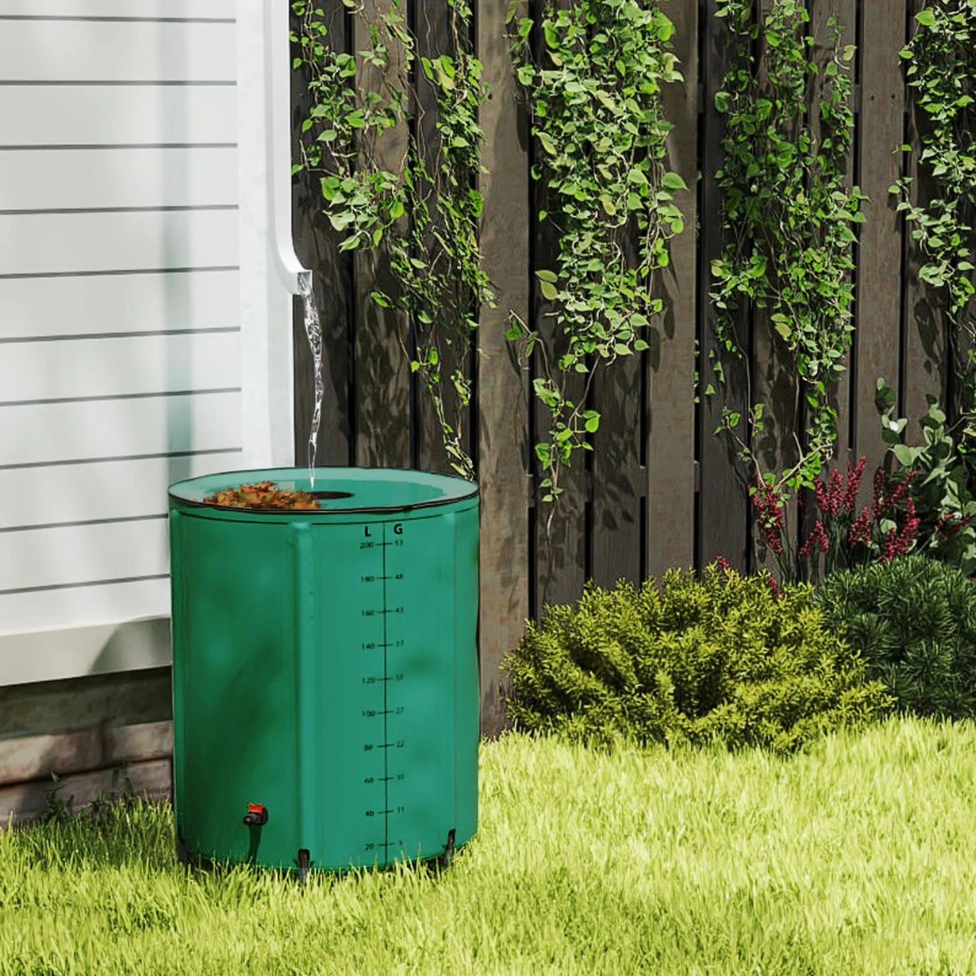 Récupérateur d'eau de pluie pliable 200 l PVC mat avec couvercle - Vert