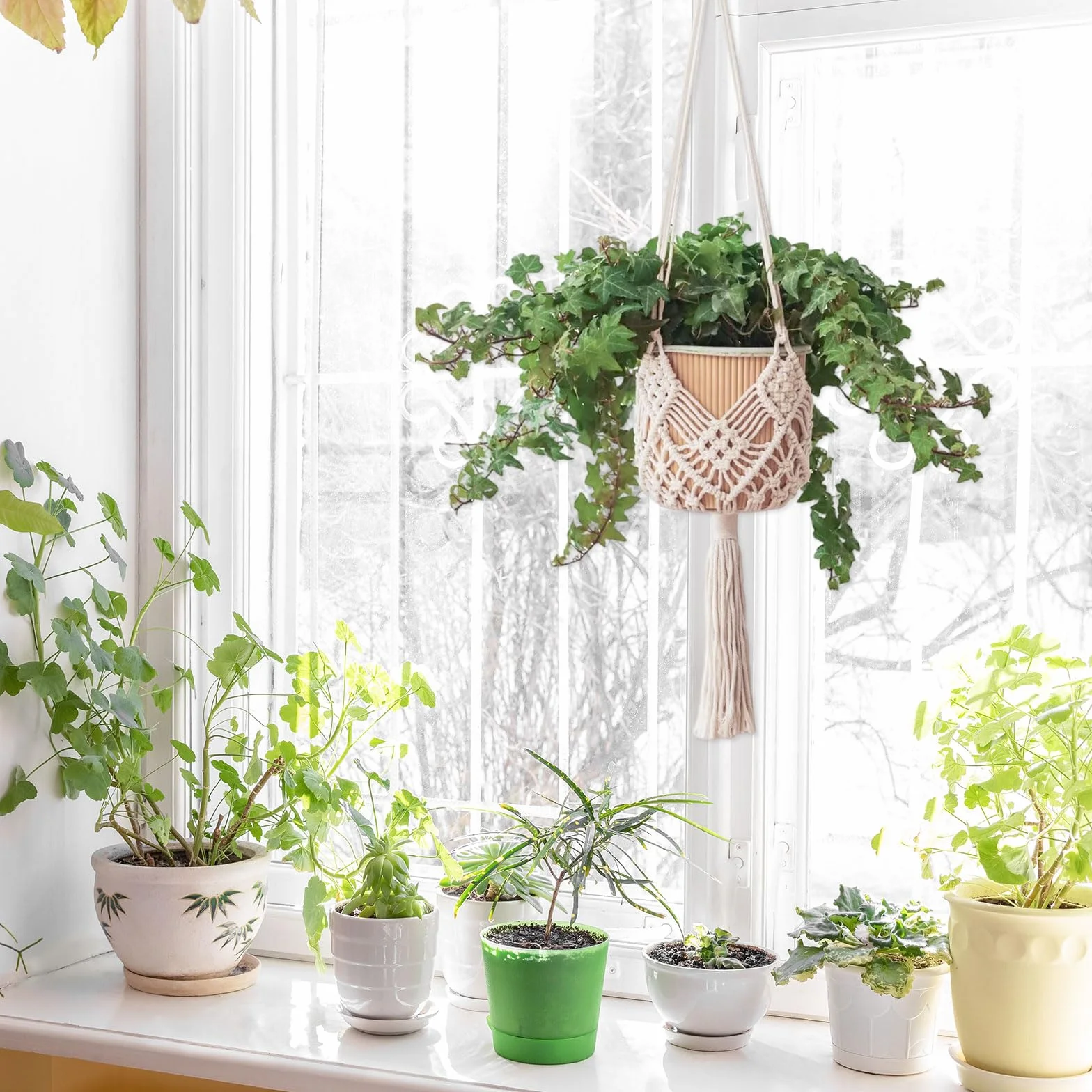 Suspensions Macramé pour Plantes Lot de 2, Supports Boho Intérieur Extérieur, Jusqu'à 20 cm