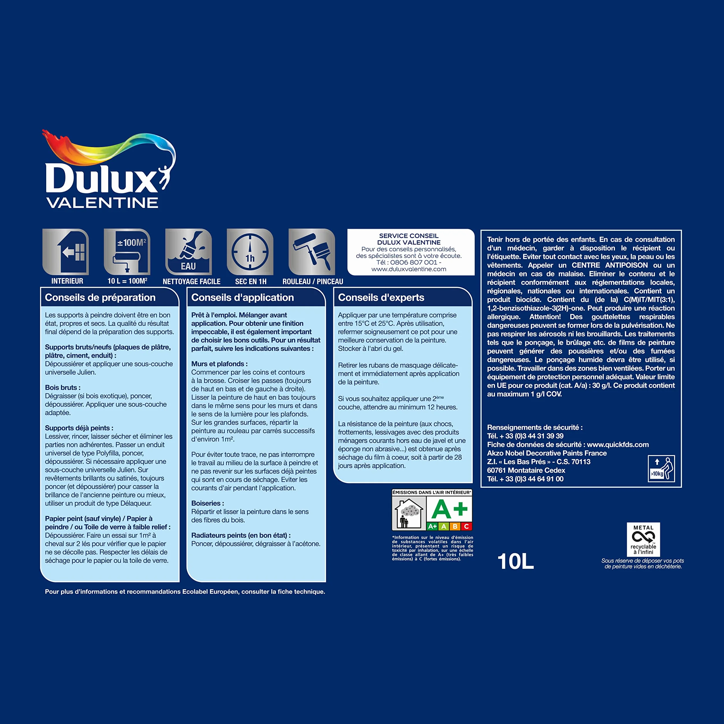 Dulux Valentine Le Blanc Finition Parfaite - Peinture Intérieure Murs, Plafonds et Boiseries - 98% d'opacité - Mat Blanc 10 L