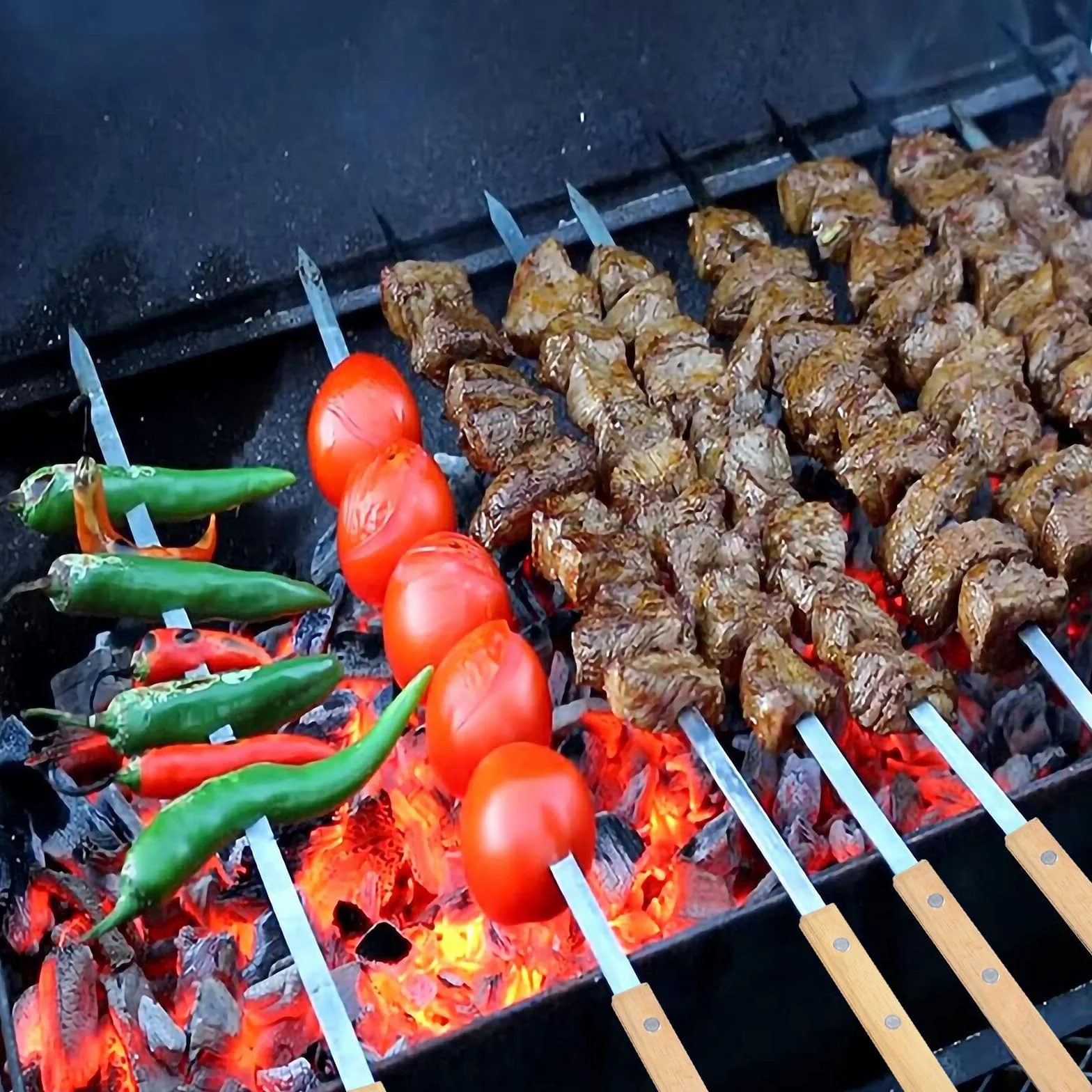 Brochettes Barbecue Inox 55cm avec Poignées Bois Hêtre, Accessoire Kebab