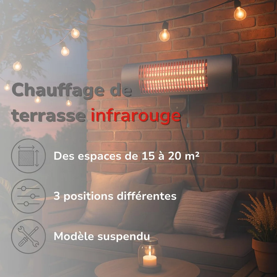 Alpina Chauffage de Terrasse Suspendu 2000W 3 Niveaux IP34 Lampe Chauffante Infrarouge