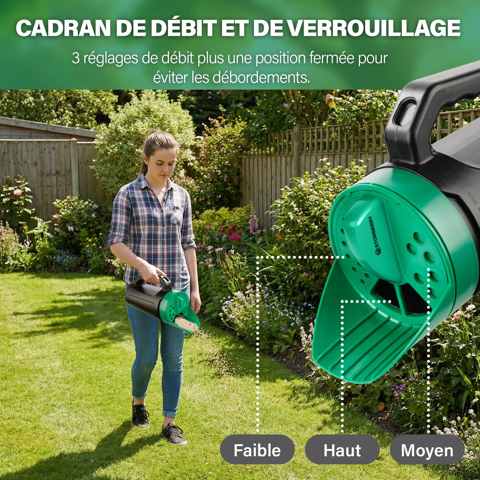 Épandeur de semences STOWBERRY avec cadran réglable pour sel, engrais et gazon