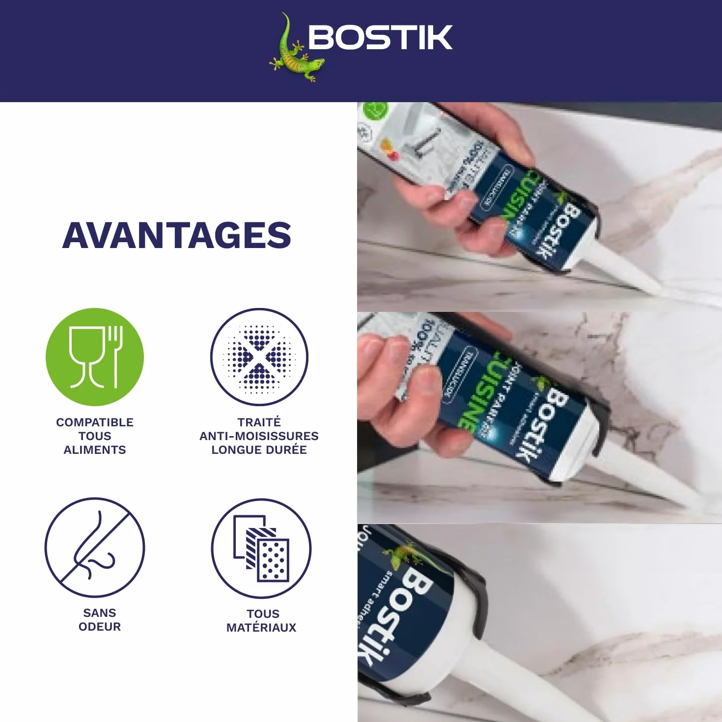 Bostik Mastic d’Étanchéité Joint Parfait Cuisine – Jointe Tous Matériaux – Sans Odeur – Traité Anti-Moisissures – Certifié Contact Alimentaire - Formule 100% Silicone – Couleur : Transparent – 280 ml