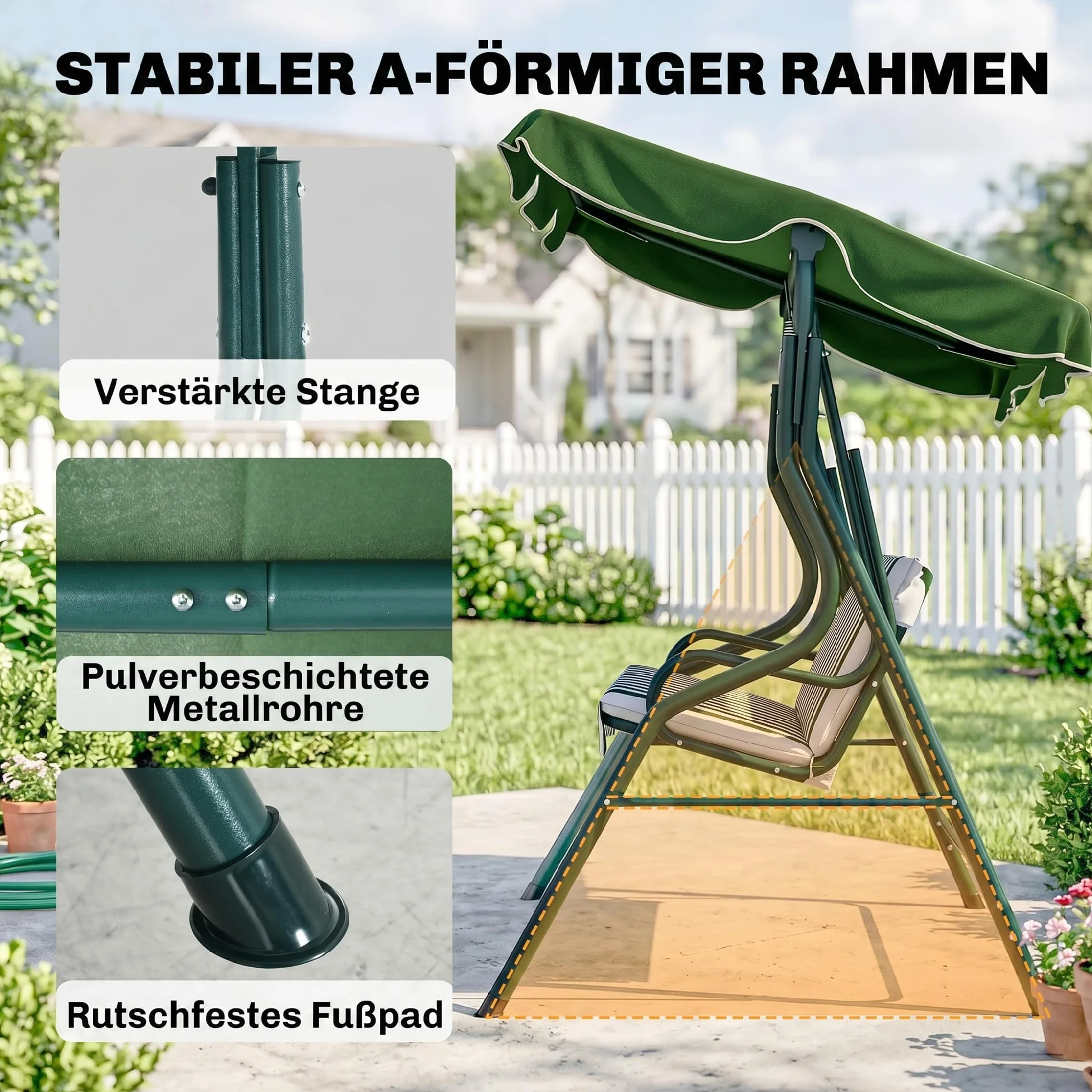 Outsunny Balancelle de Jardin 3 Places Toit imperméabilisé Inclinaison réglable Acier Polyester Vert Blanc rayé 1,7L x 1,1l x 1,53H m