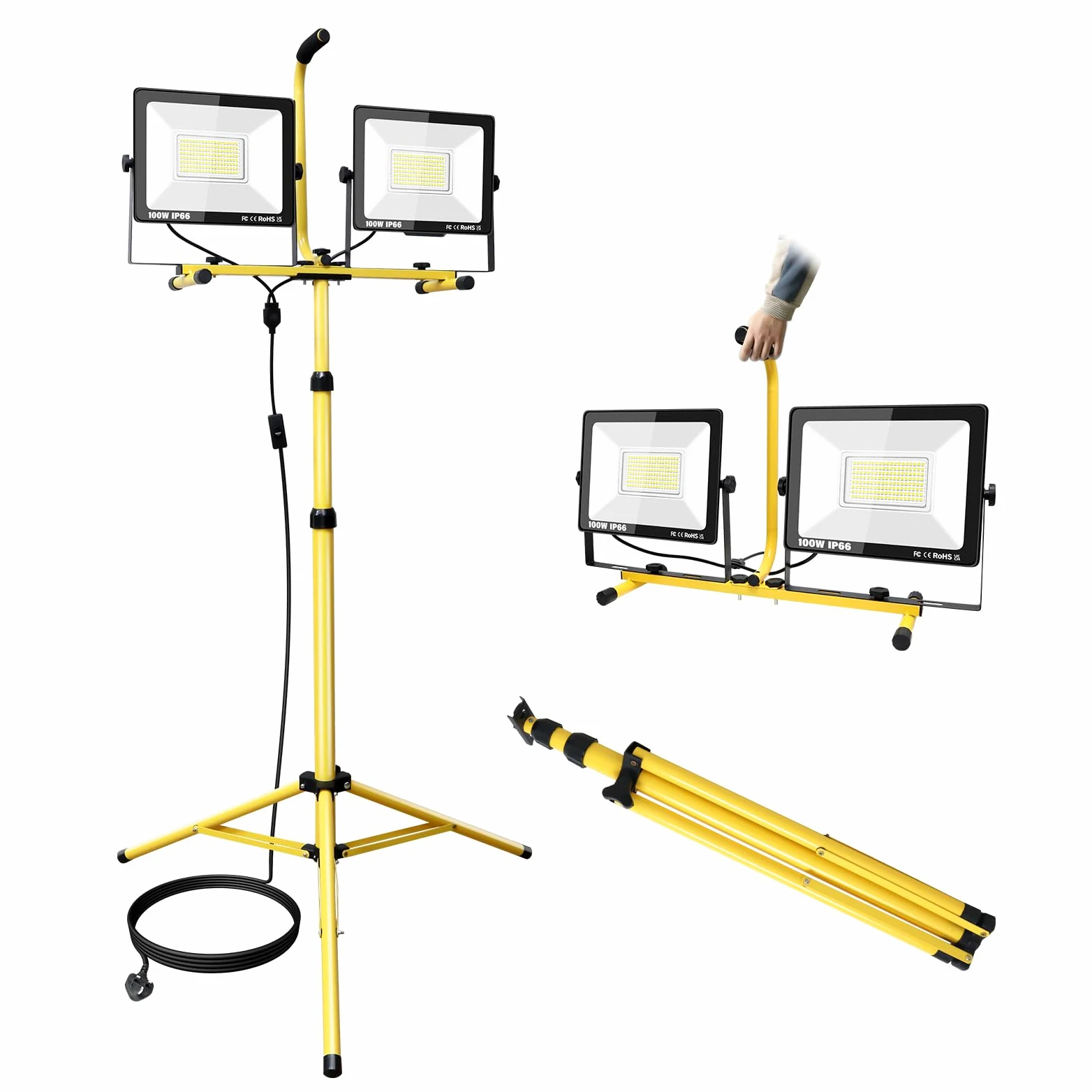 RIGIDON Lampe de travail LED avec support, 200 W, lampe de chantier portable à double tête, 175 V à 265 V, 20 000 lm, IP66, étanche IP66, avec cordon de 5 m pour atelier, garage, construction