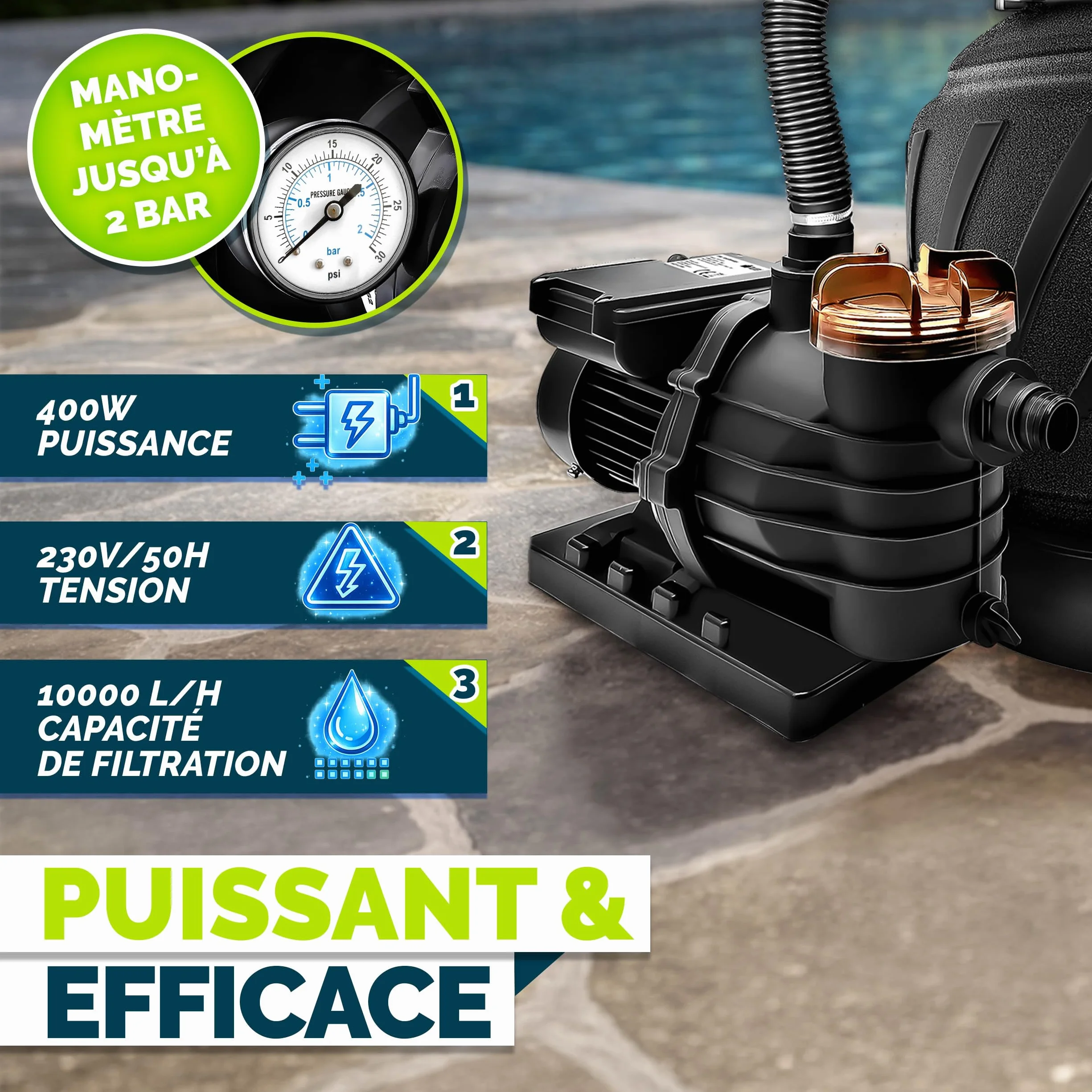 Tillvex Système de Filtre à Sable 10m³/h 800g Boules de Filtre 7 Fonctions Filtre de Piscine avec Indicateur de Pression AquaBlack Pro