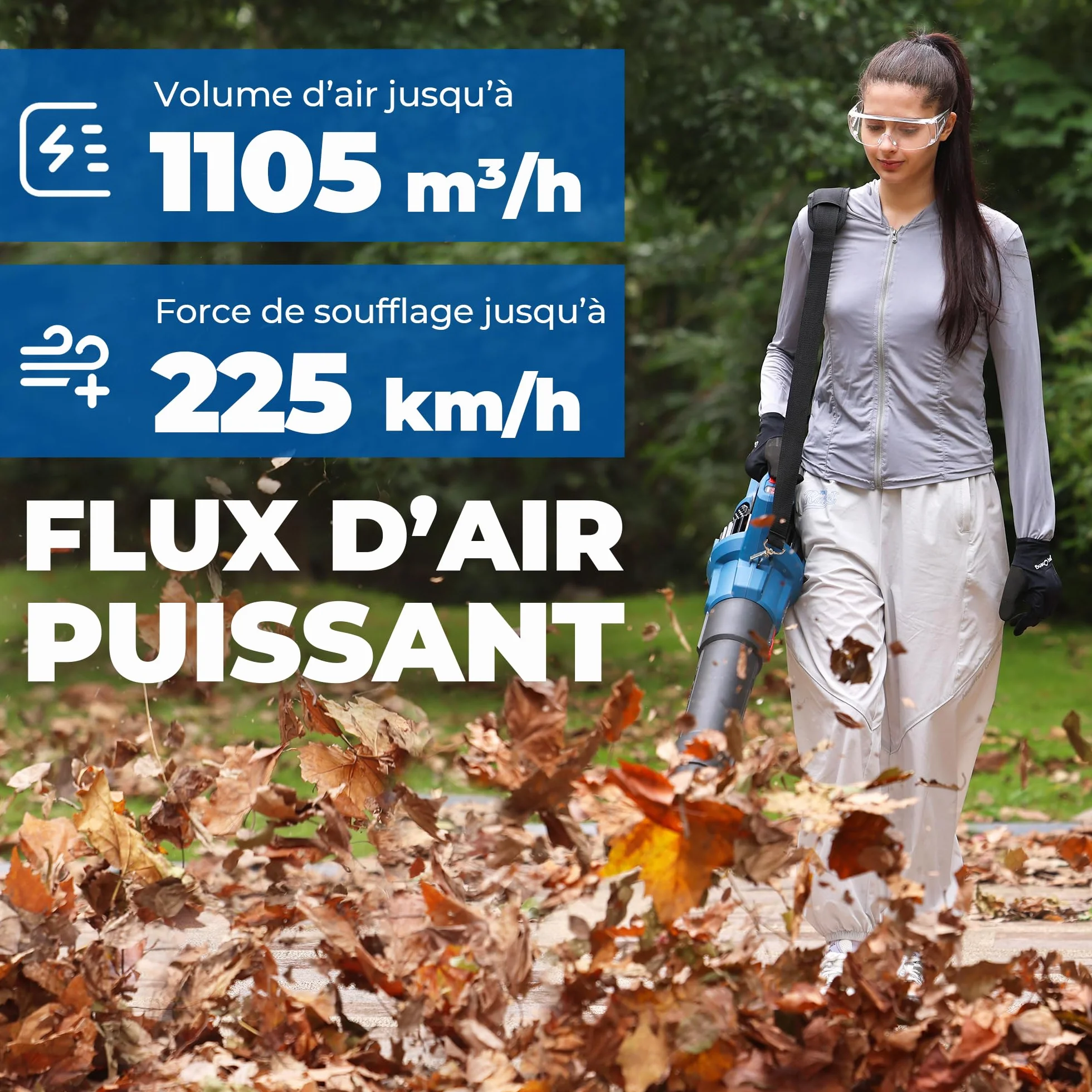 Dong Cheng Souffleur de Feuilles sans Fil 2x20V 1105 m³/h 225 km/h 6 Vitesses Mode Turbo 2x4,0Ah 3 Buses