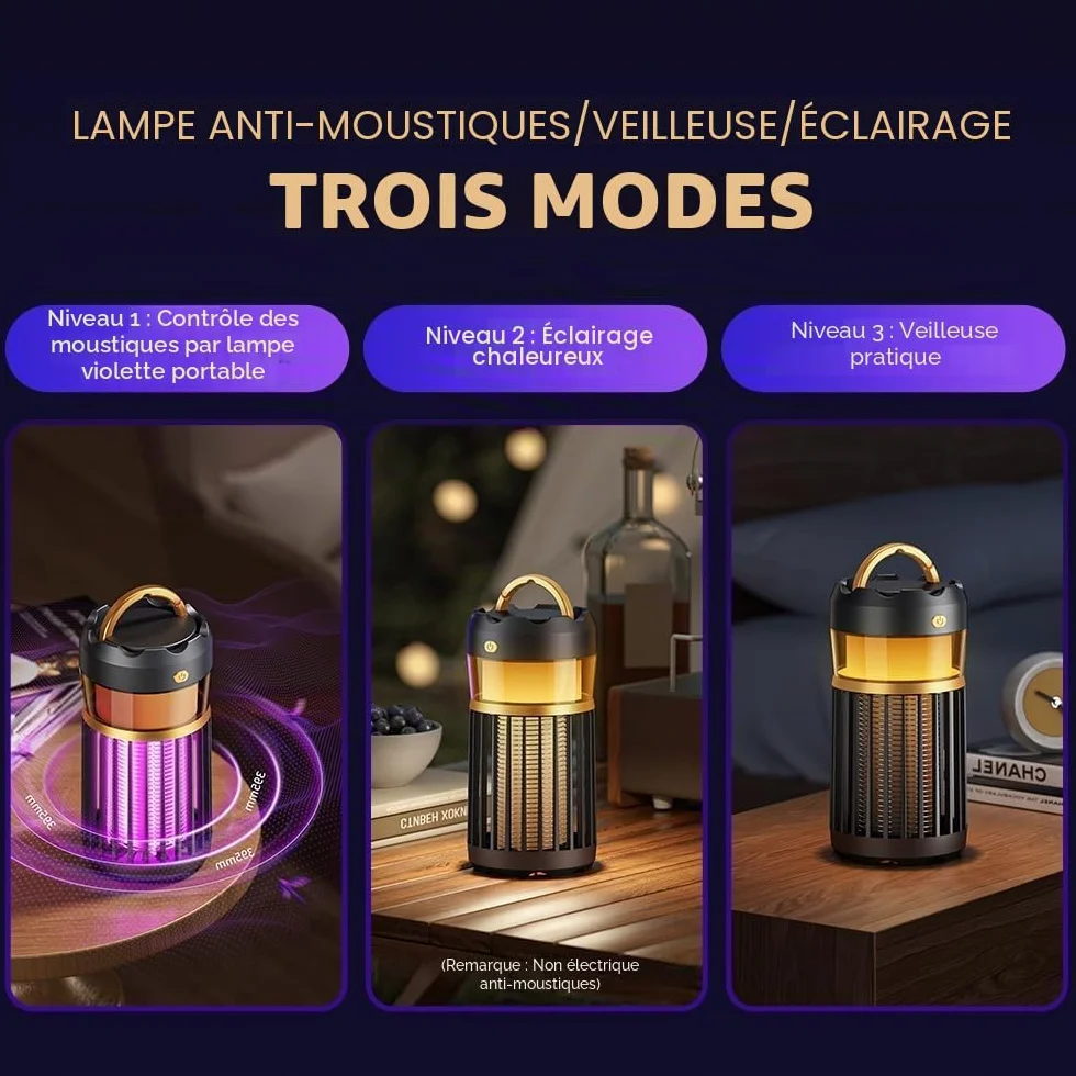 Lampe Anti Moustique Ultrason Tue Mouche Electrique 2000V Rechargeable USB Camping Interieur Anti Insectes Nero