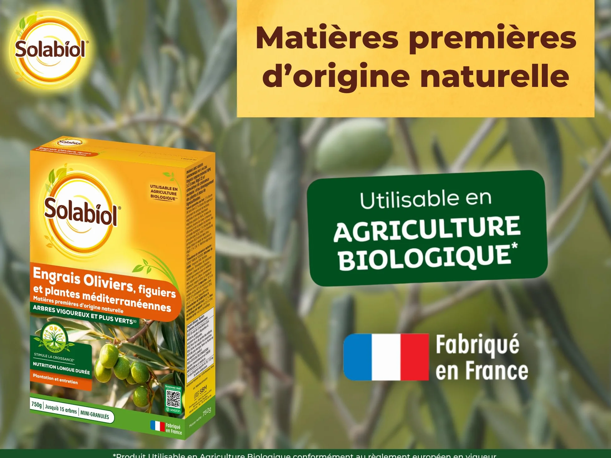 SOLABIOL Engrais Oliviers Figuiers Plantes Méditerranéennes 750g Jusqu'à 15 Arbres Agriculture Biologique SOLIVY750