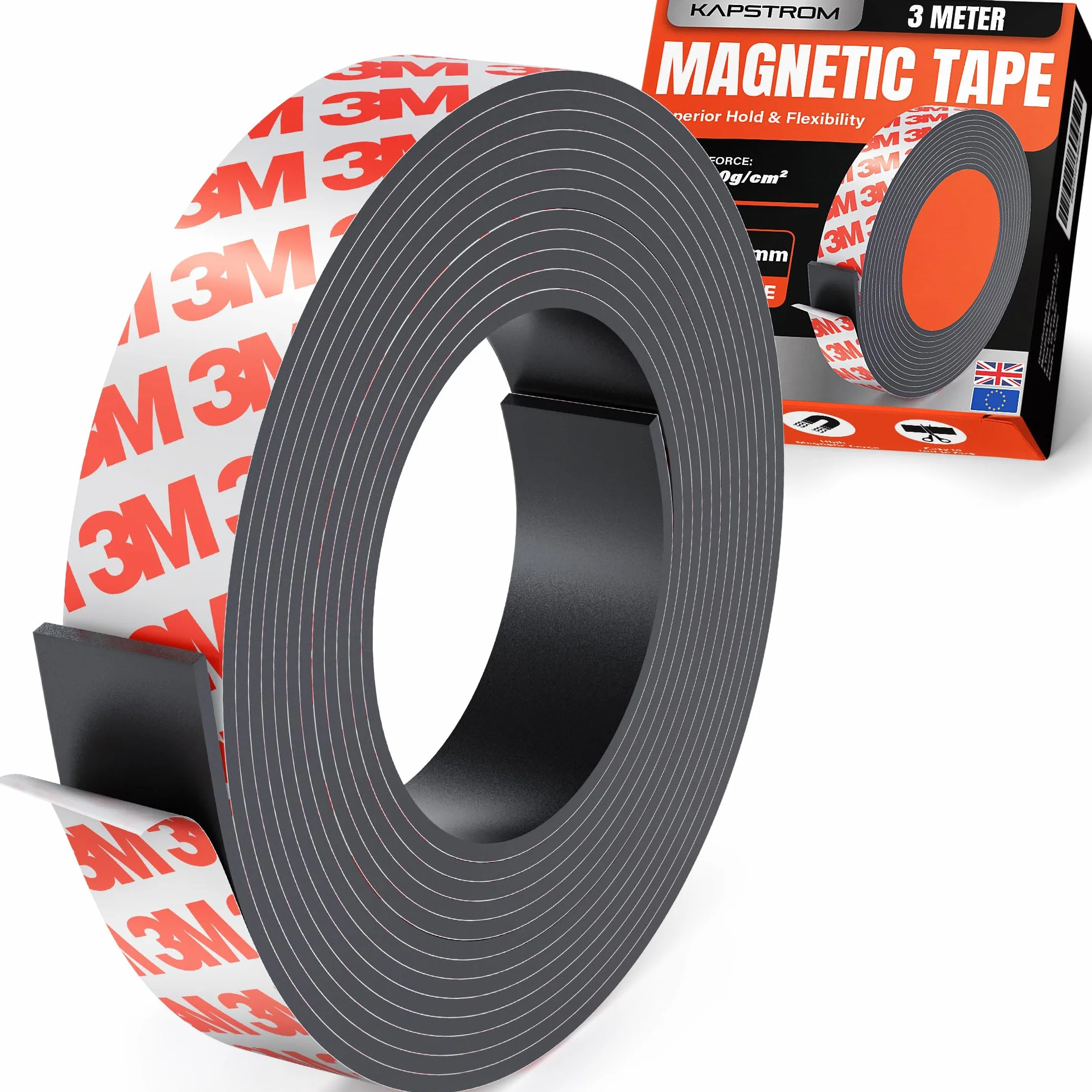 Rouleau de ruban magnétique KapStrom (3 mètres / 120" de long et 3 cm / 1,2" de large), bandes magnétiques de qualité supérieure avec support auto-adhésif solide 3M, facile à couper à la taille