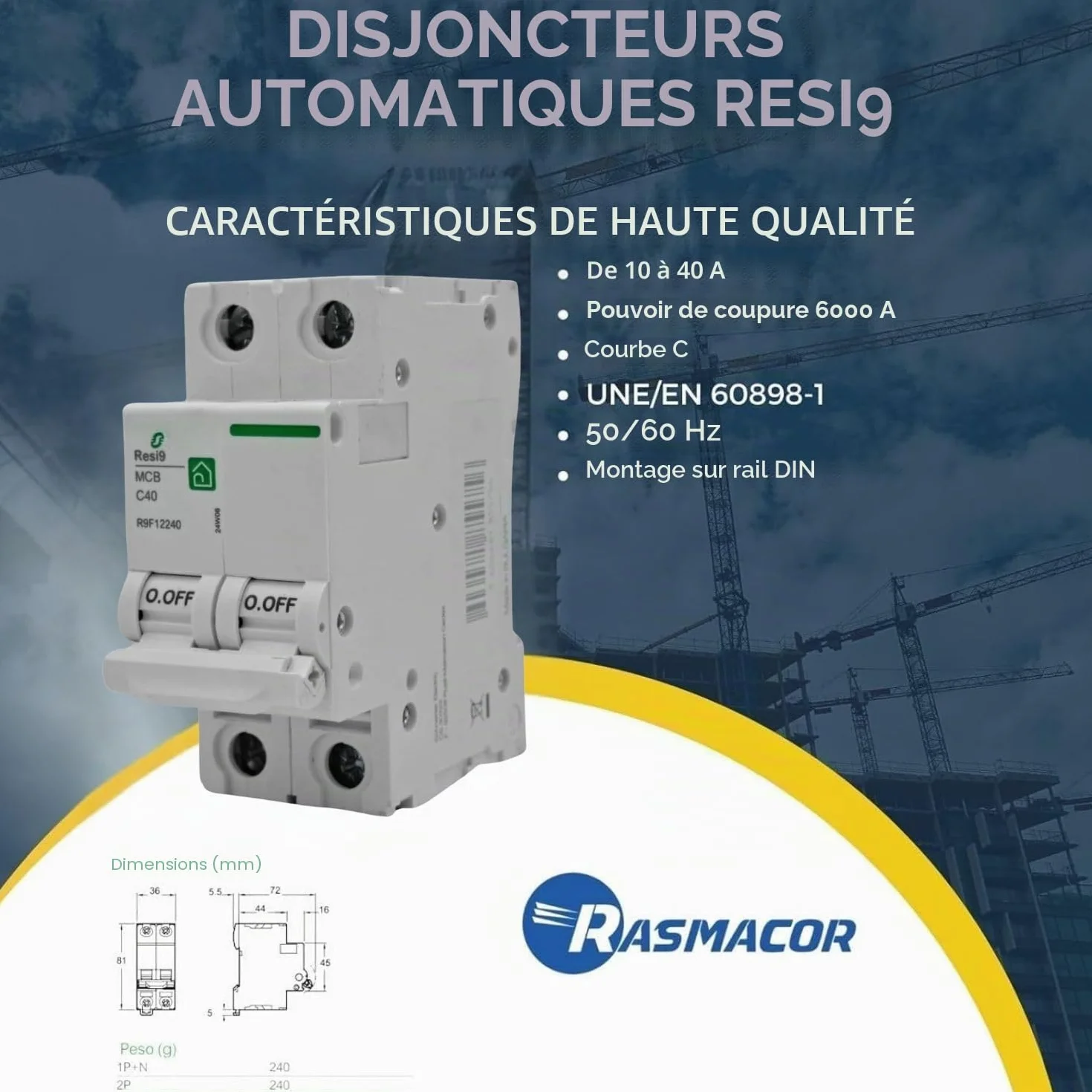 RASMACOR | Interrupteur magnéto-thermique résidentiel 2P 40 A | Disjoncteur 2P 40A | RESI9 R9F12240 | Courbe C | Fréquence 50/60 Hz | Norme UNE/EN 60898-1 CE | 40 Ampères