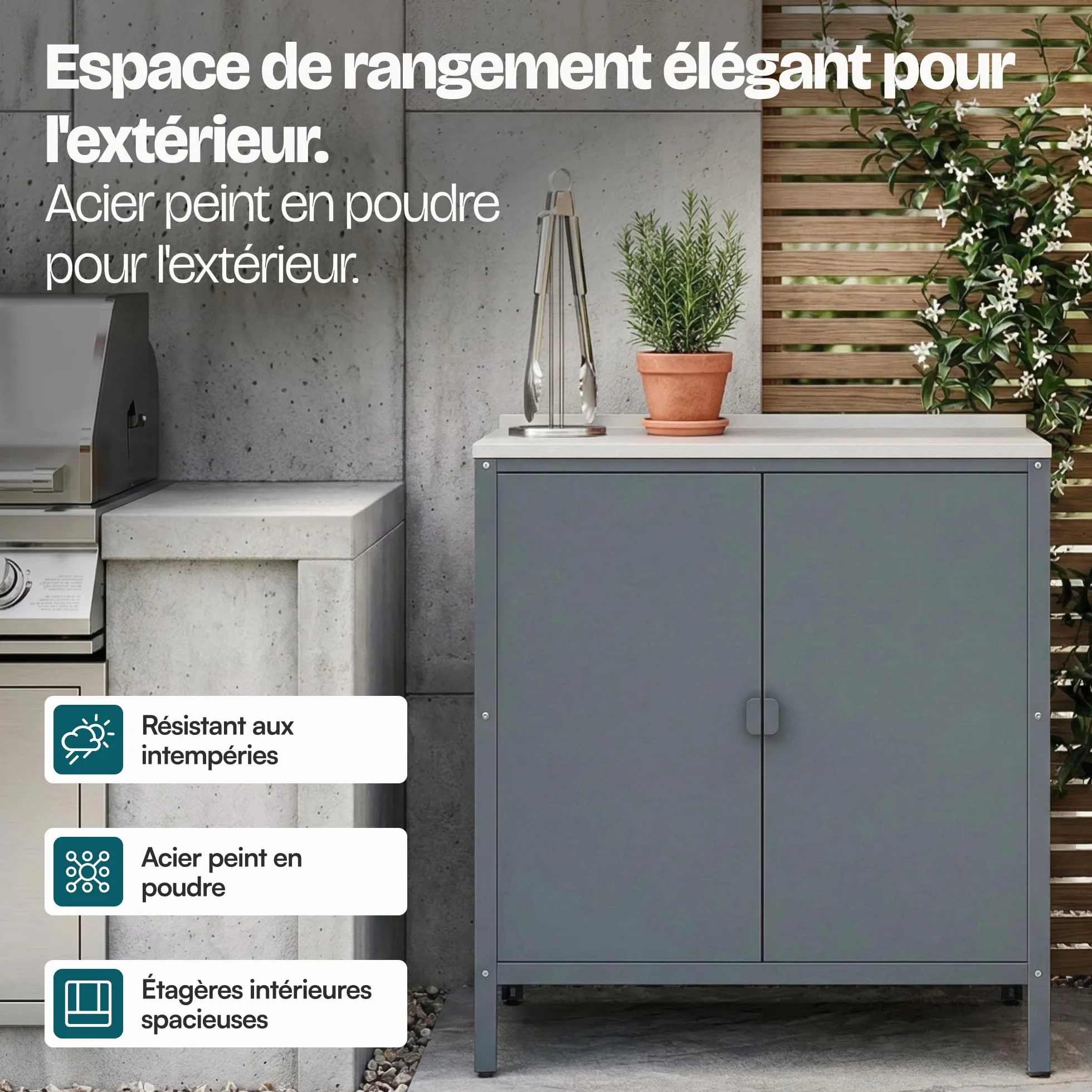 Casa.pro Armoire Basse de Jardin Bolognano Meuble de Rangement Acier Laqué 92 x 80 x 50 cm Gris Foncé Mat