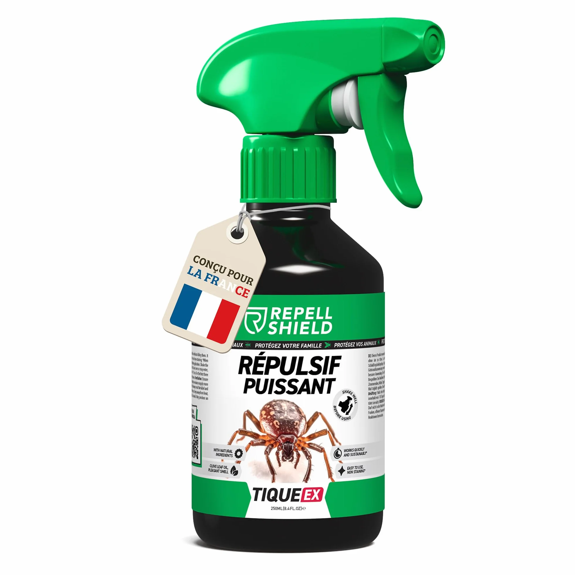 RepellShield® Anti Tique Spray 250ml Protection Cutanée Textile Non Tachant Usage Intérieur Extérieur Huiles Essentielles