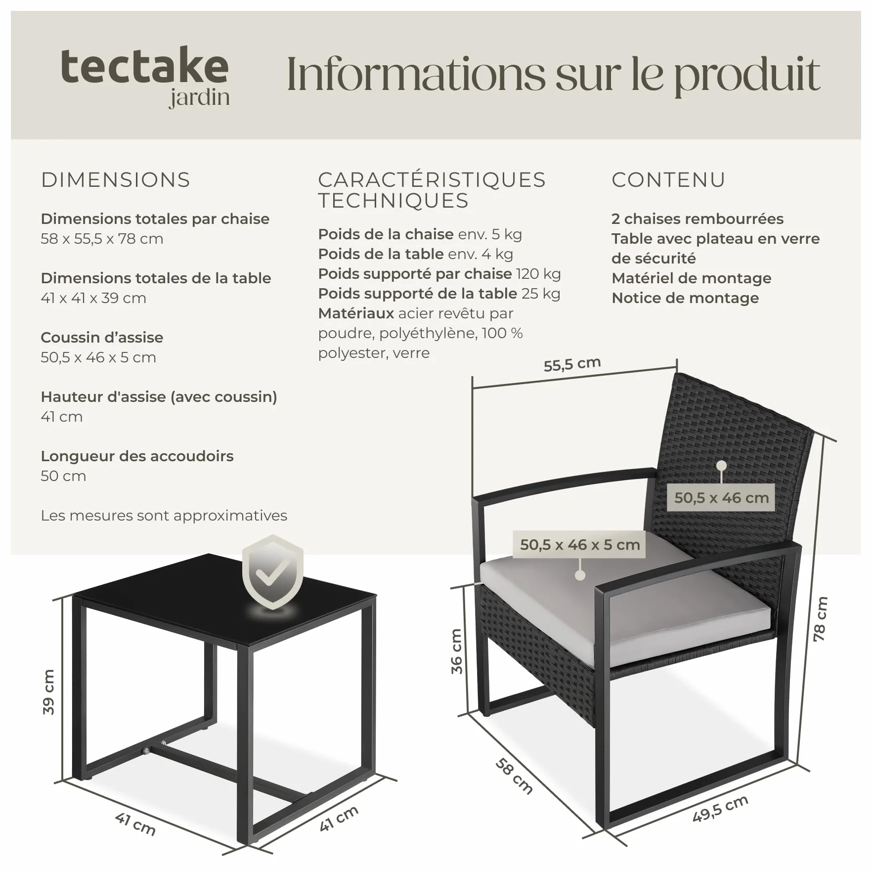 Tectake Ensemble Salon de Jardin Exterieur 2 Chaise Table Jardin Poly Rotin Acier Noir