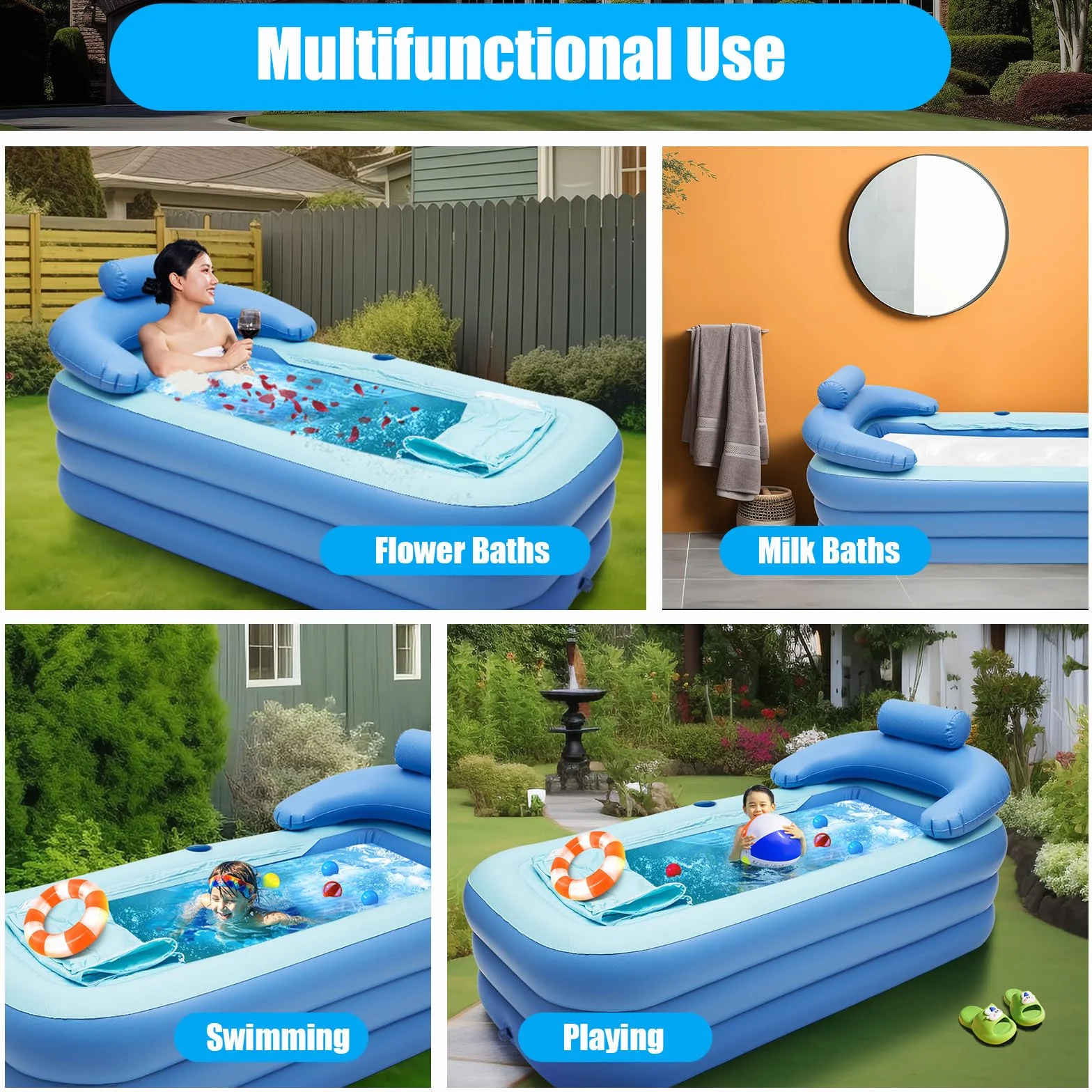 Baignoire gonflable adulte 150x80 cm avec tuyau d'évacuation pliable portable spa