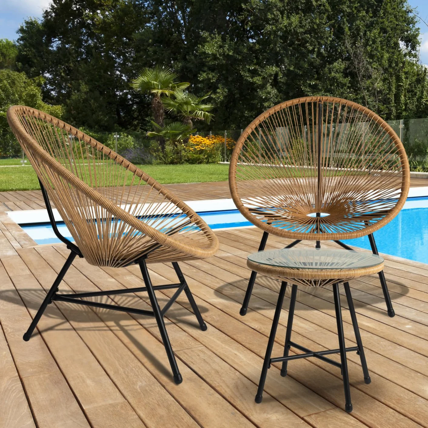 Salon de Jardin Izmir Table et 2 Fauteuils Oeuf Cordage Effet Rotin