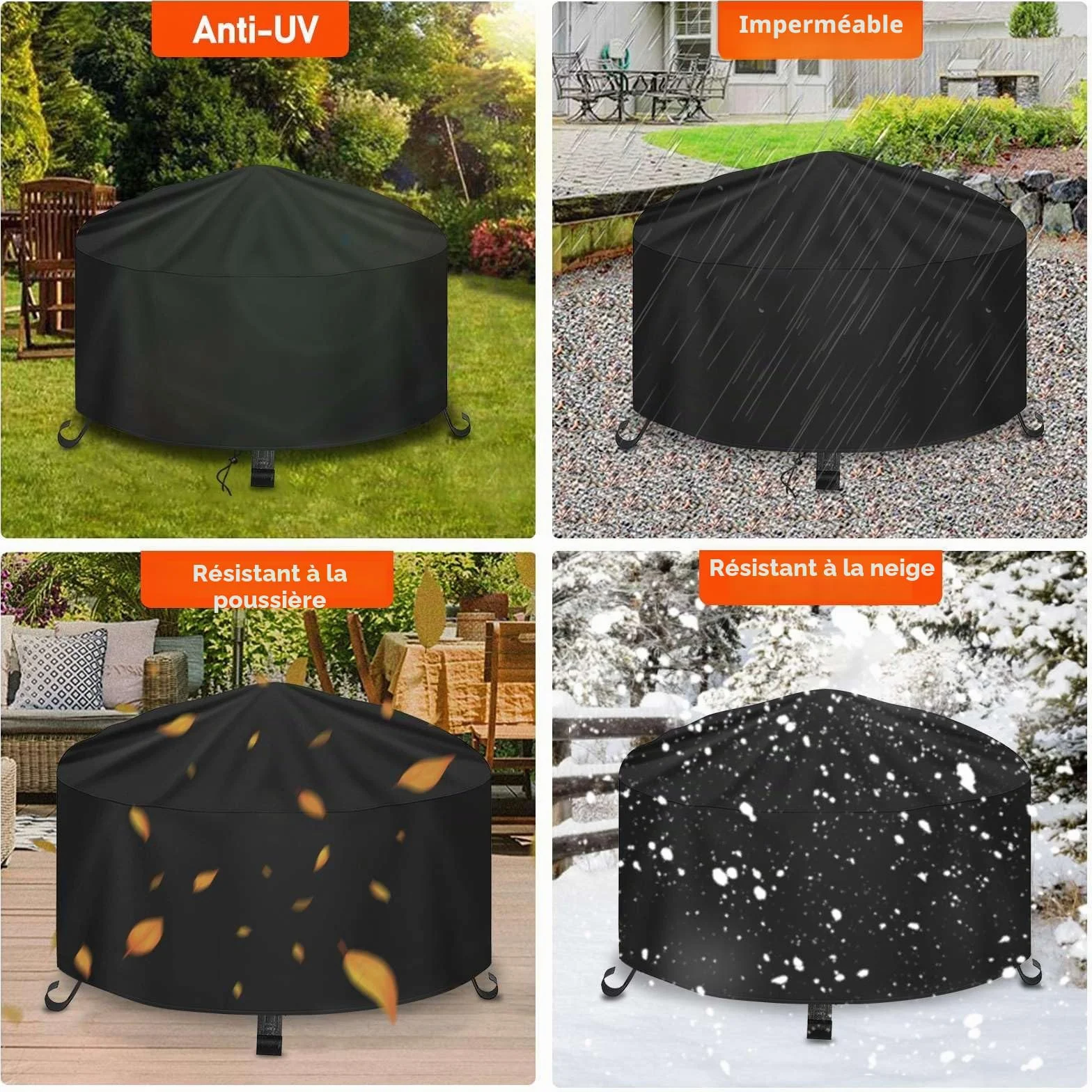 Housse de Protection pour Braséro Rond 90 x 60cm, 500D Oxford, Imperméable, Noir