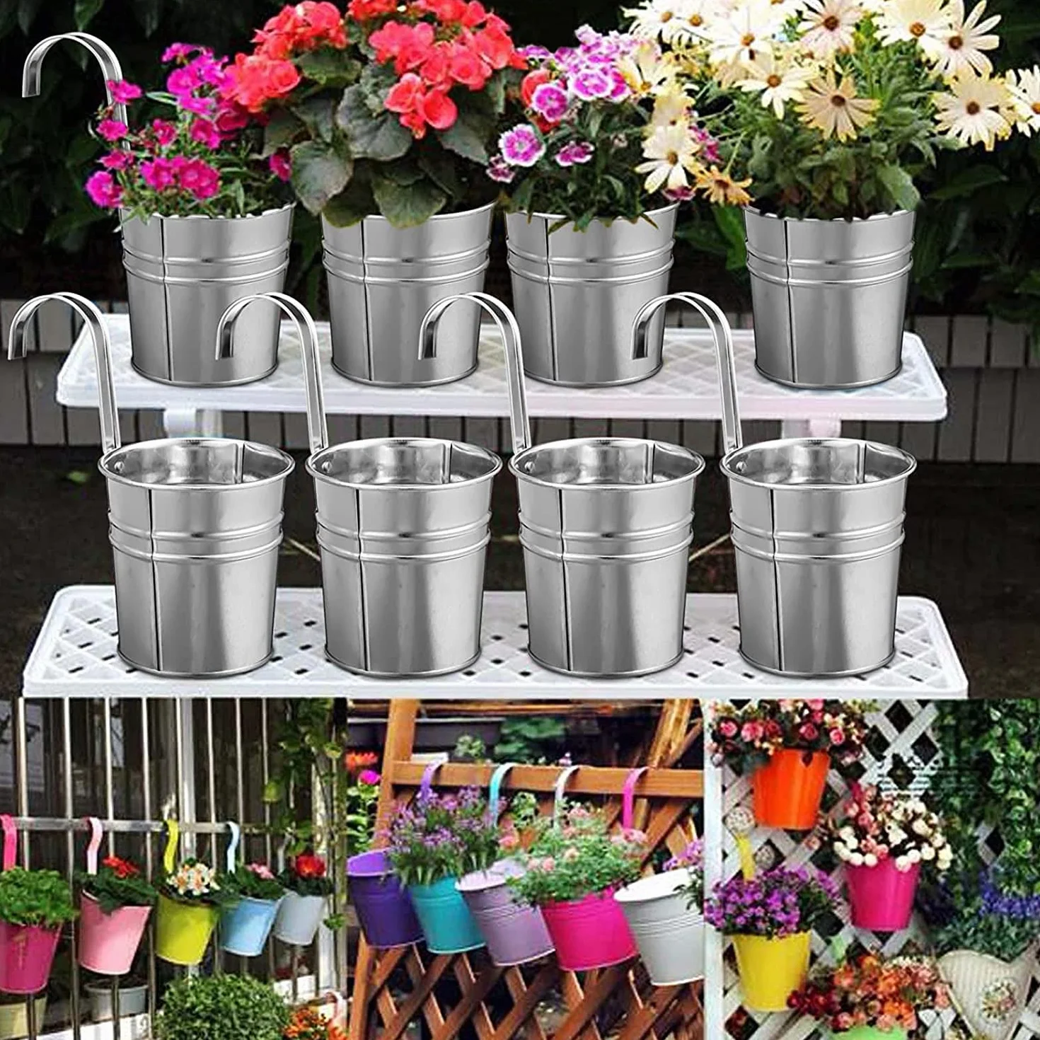 Pots De Fleurs Suspendus En Métal 10cm Avec Crochet Amovible Pour Balcon Jardin (Argent)
