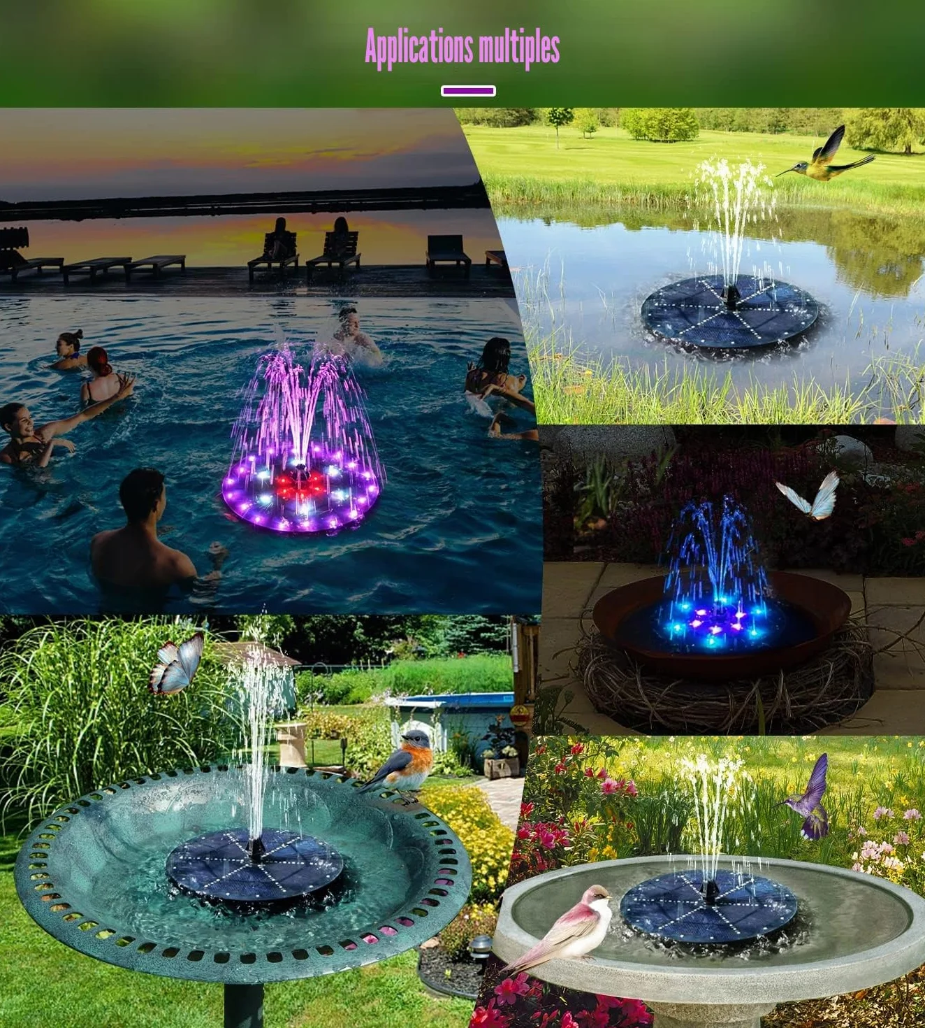 Fontaine Solaire 60 LEDs Colorée 2026 Upgraded Solaire Flottant Extérieur Pompe Bassin avec 8 Buses pour Bain d'oiseaux, Étang, Jardin