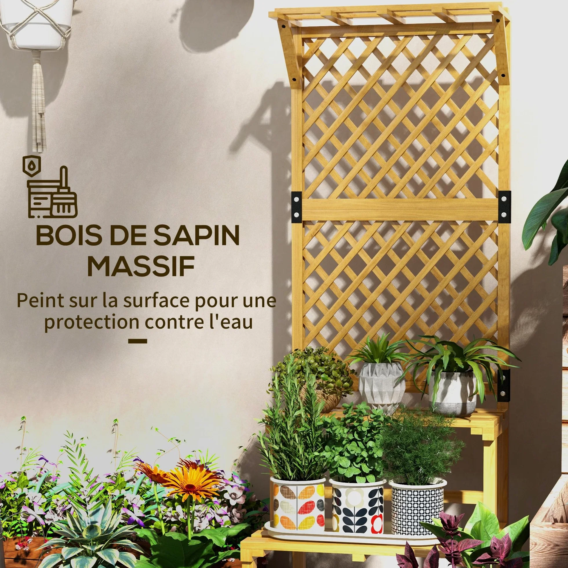 Outsunny Support plantes intérieur porte plante à deux niveaux avec treillis bois massif jaune