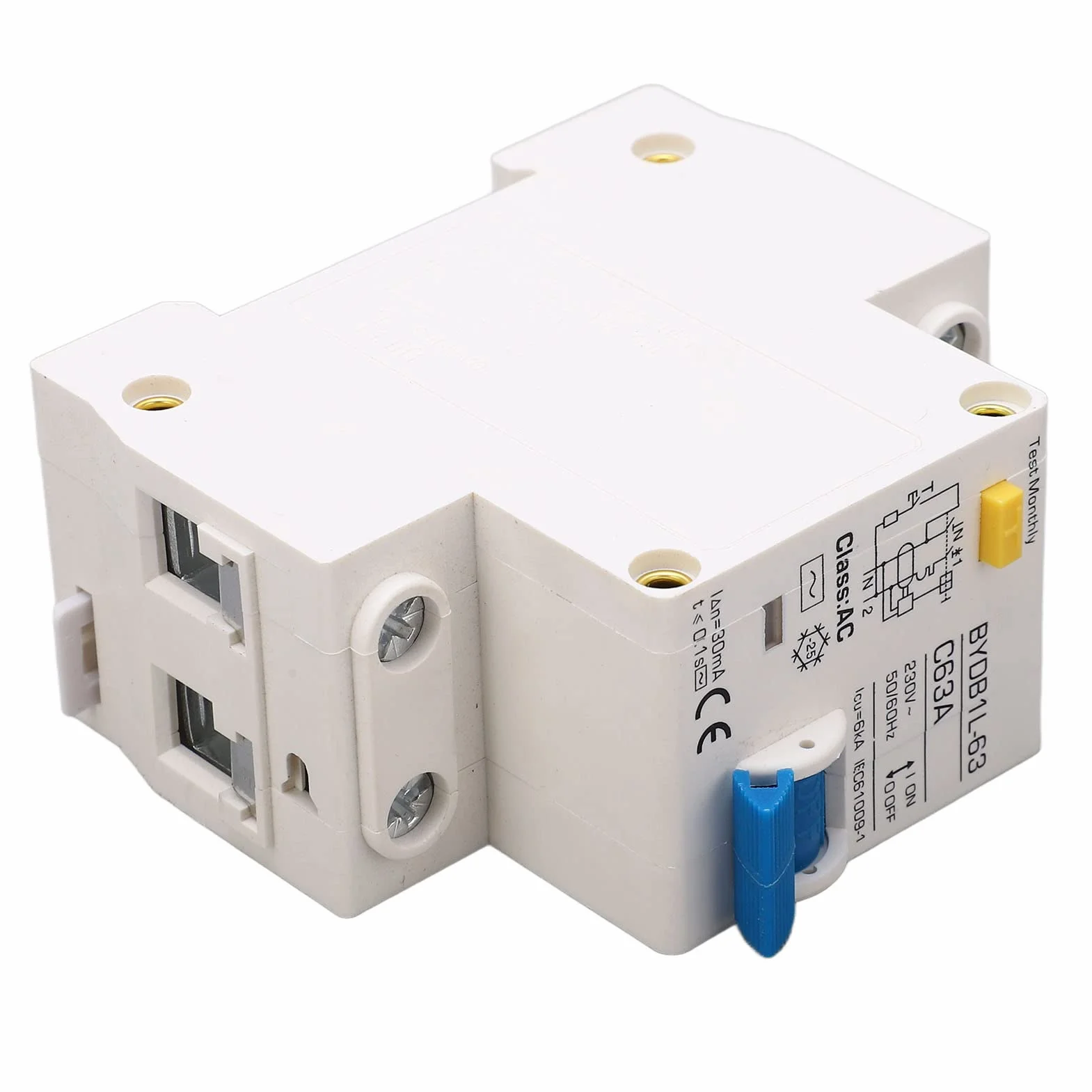 Disjoncteur Miniature 230V, AC Type 30mA C63A 1P N Disjoncteur à Courant Résiduel, Protecteur de Fuite Protection Contre les Surcharges Commutateur D'air pour Lignes de Distribution D'éclairage
