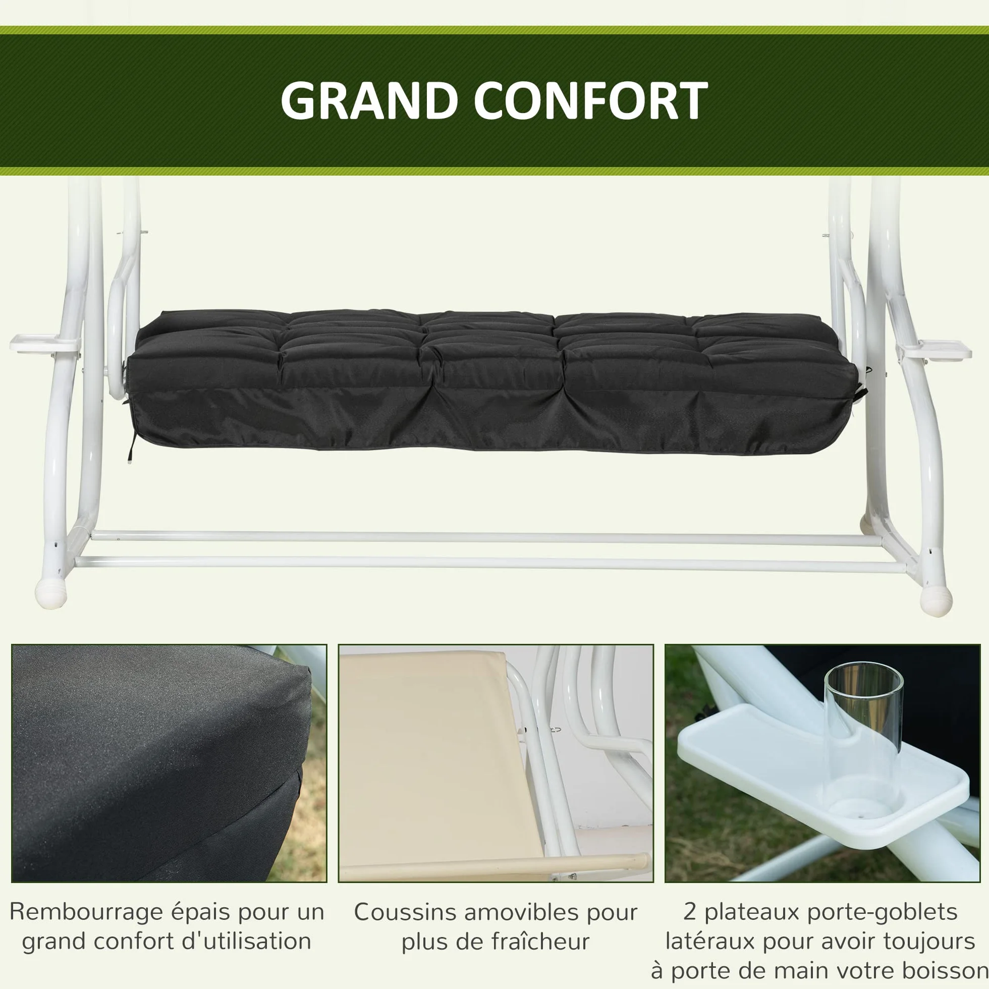 Outsunny Balancelle de Jardin 2 Places Convertible Toit Inclinaison réglable Coussin Métal Polyester Noir