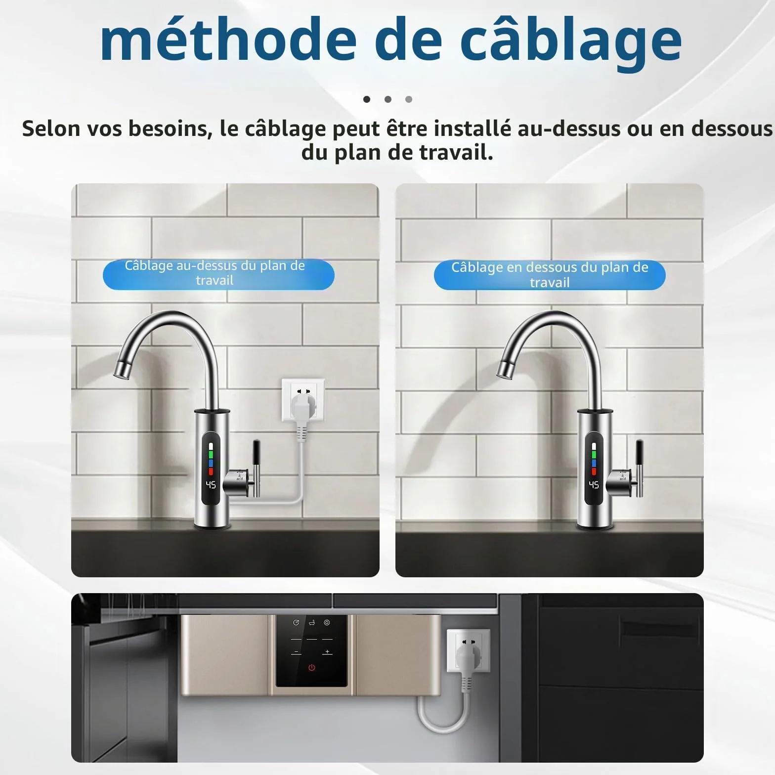 360° Robinet Chauffant Instantané 3000W Avec Indicateur LED Cuisine Salle De Bains